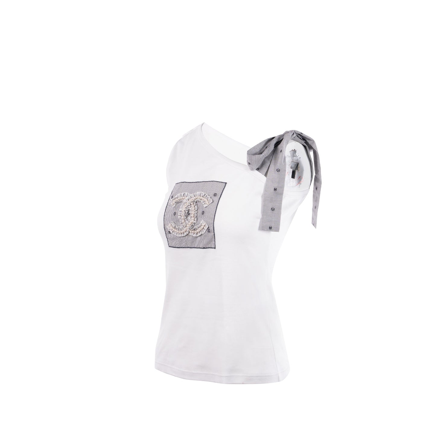 Chanel size 36 top embroidered cotton jersey / cotton white/blue/black