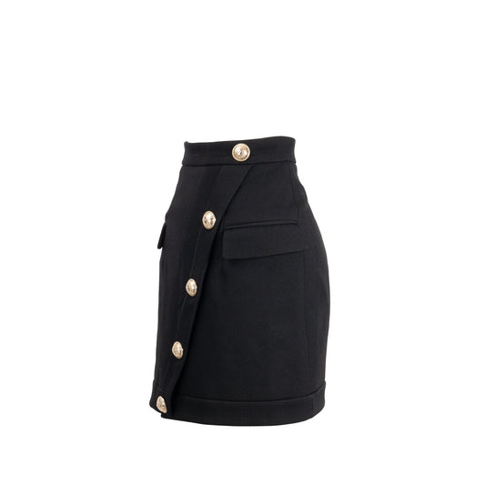 Balmain Size 34 Mini Skirt With Golden Button-detail Wool Black