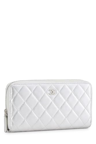 Chanel,  Silver Lambskin Zip Around Wallet, Silver