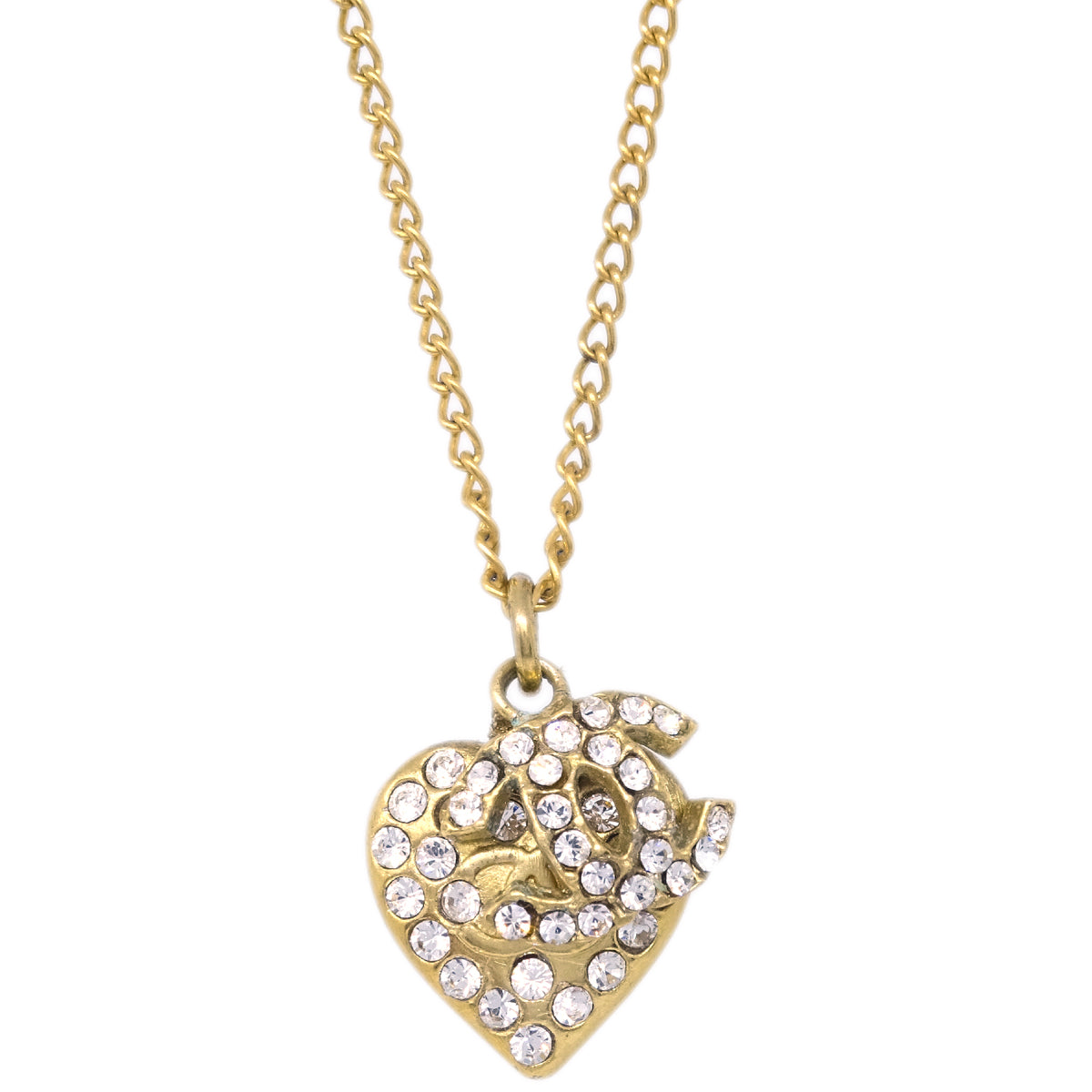 Chanel Heart Chain Pendant Necklace Rhinestone Gold 02P