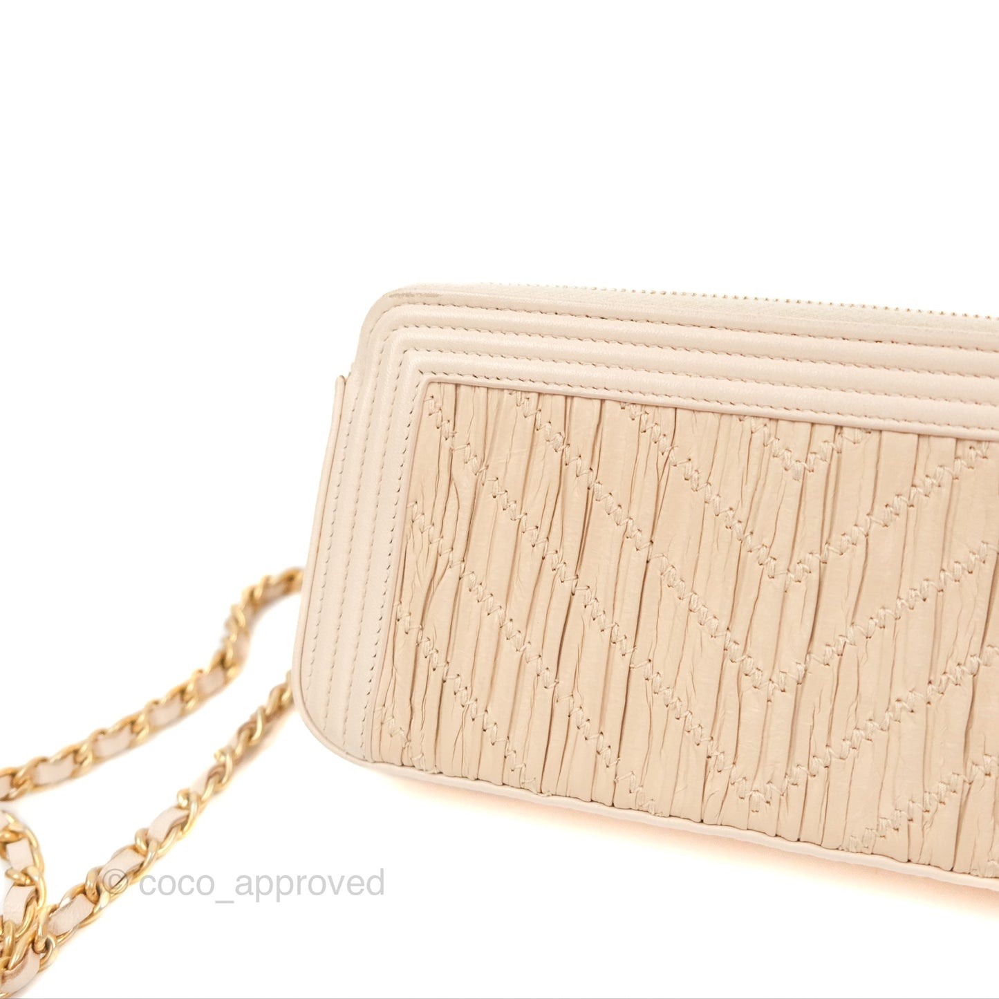 Chanel Boy Double Zip Clutch On Chain Chevron Pale Beige Aged Gold Hardware