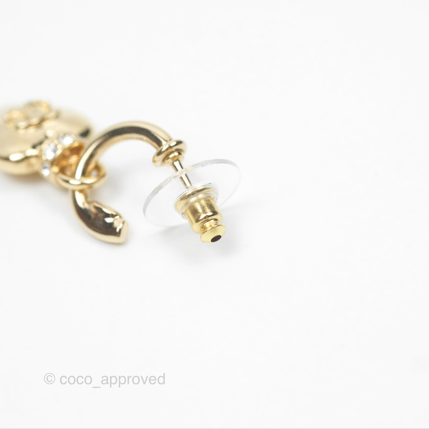 Chanel Heart CC Crystal Drop Hoop Earrings Gold Tone 24P