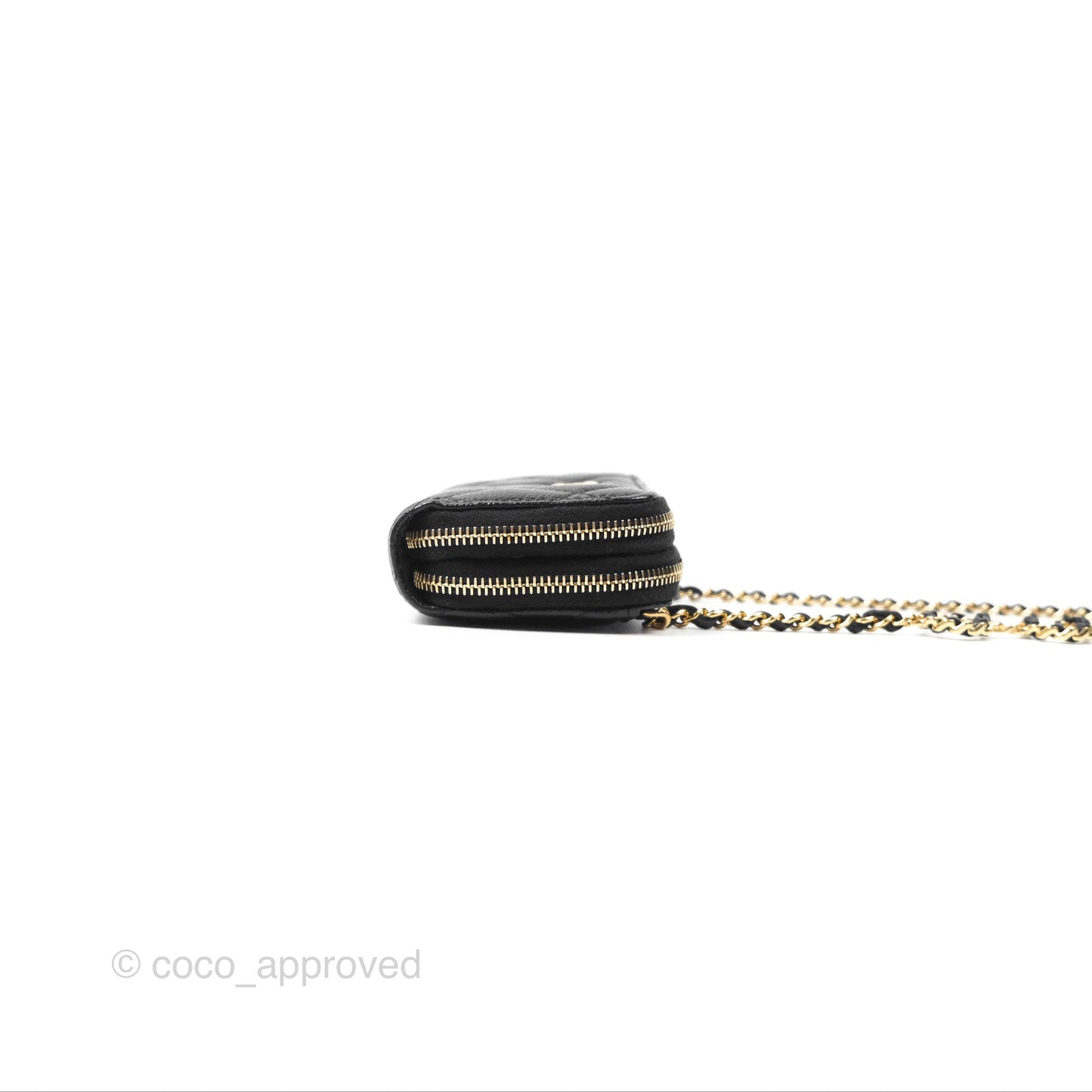 Chanel Miss Coco Quilted Zip Card Holder on Chain Black Caviar Gold Hardware