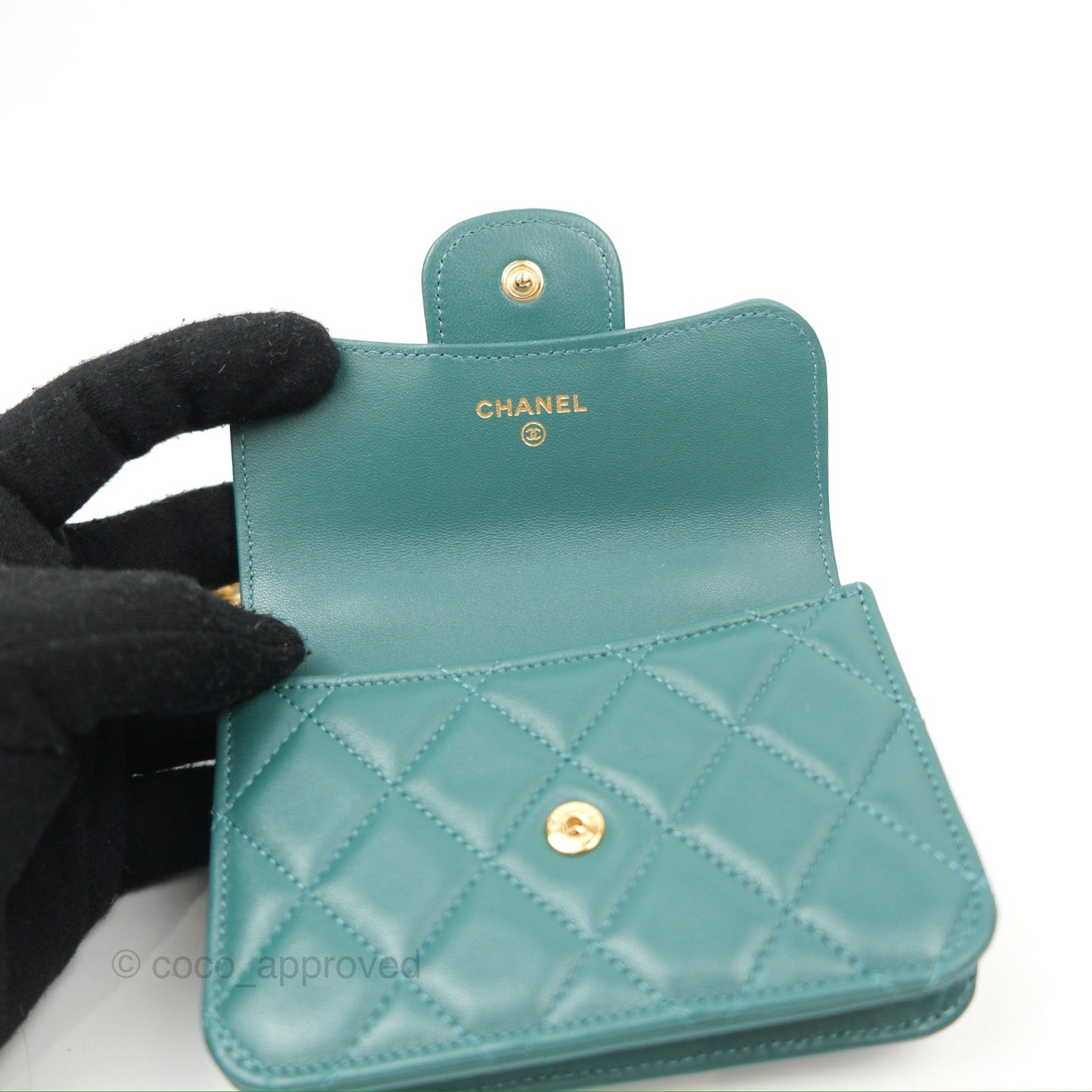 Chanel Mini Handle Flap Coin Purse With Chain Teal Green Lambskin Aged Gold Hardware