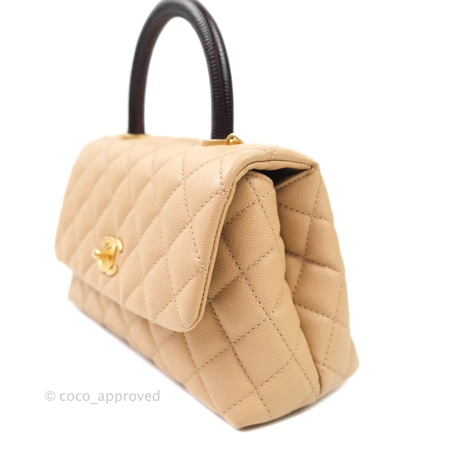Chanel Mini (Small) Coco Handle Quilted Beige Caviar Gold Hardware Embossed Lizard Handle