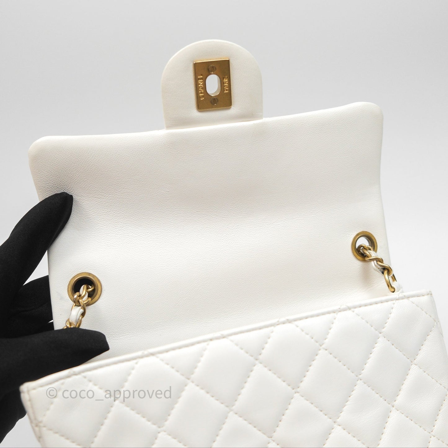 Chanel Mini Rectangular Pearl Crush Quilted White Lambskin Aged Gold Hardware