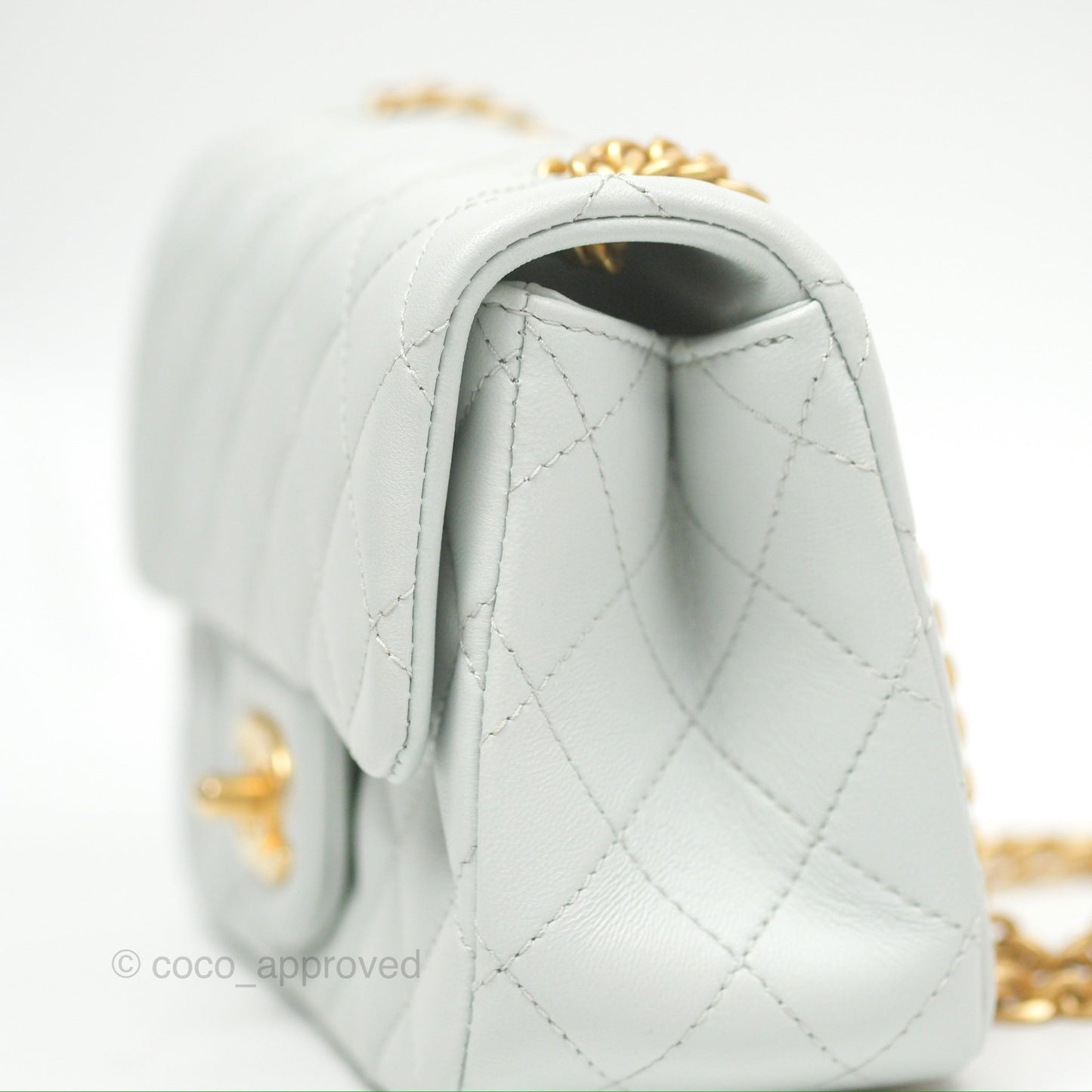 Chanel Quilted Mini Square Flap with Camellia Adjustable Chain Blue Clair Lambskin 23S