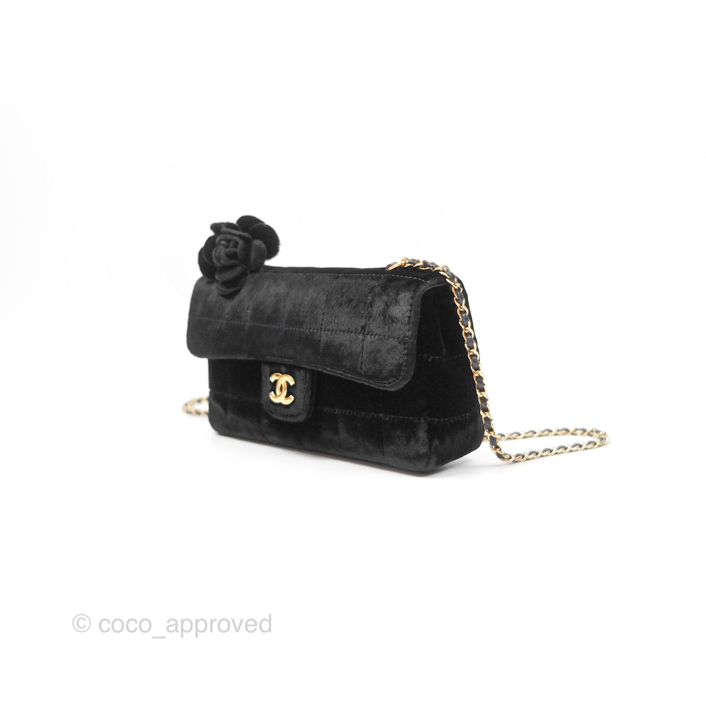 Chanel Vintage Mini Chocolate Bar Camellia Flap Black Velvet Gold Hardware