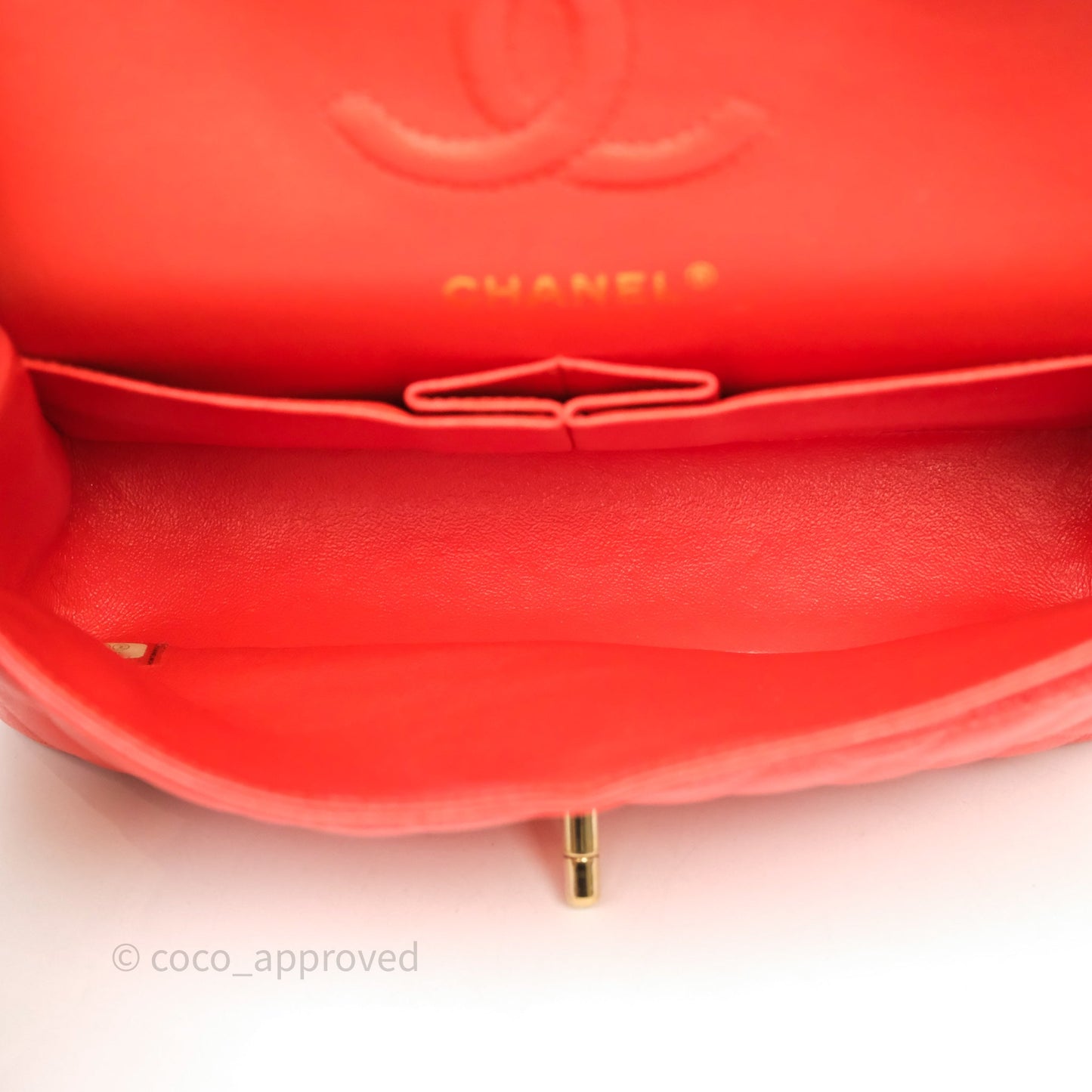 Chanel Small Classic Flap Quilted Red Orange Caviar Gold Hardware