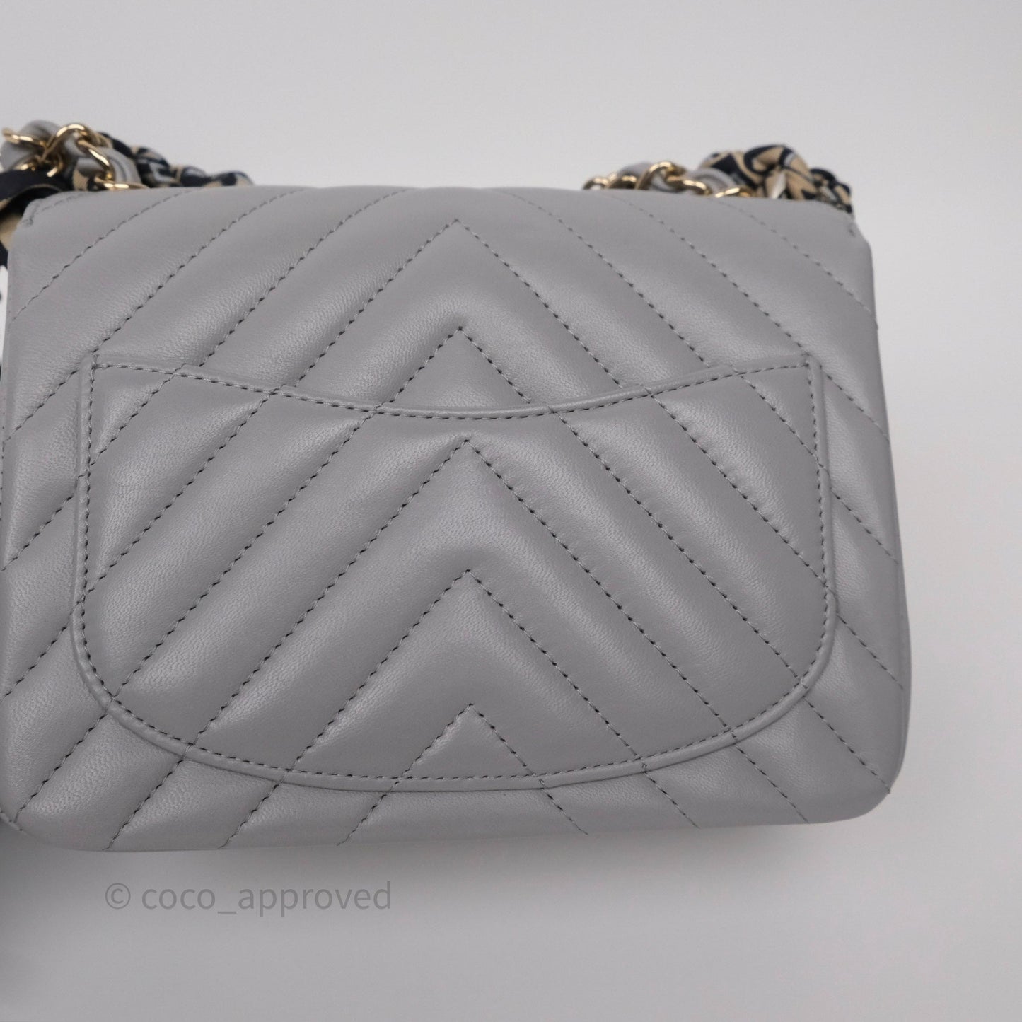 Chanel Mini Square Flap Chevron Grey Lambskin Gold Hardware