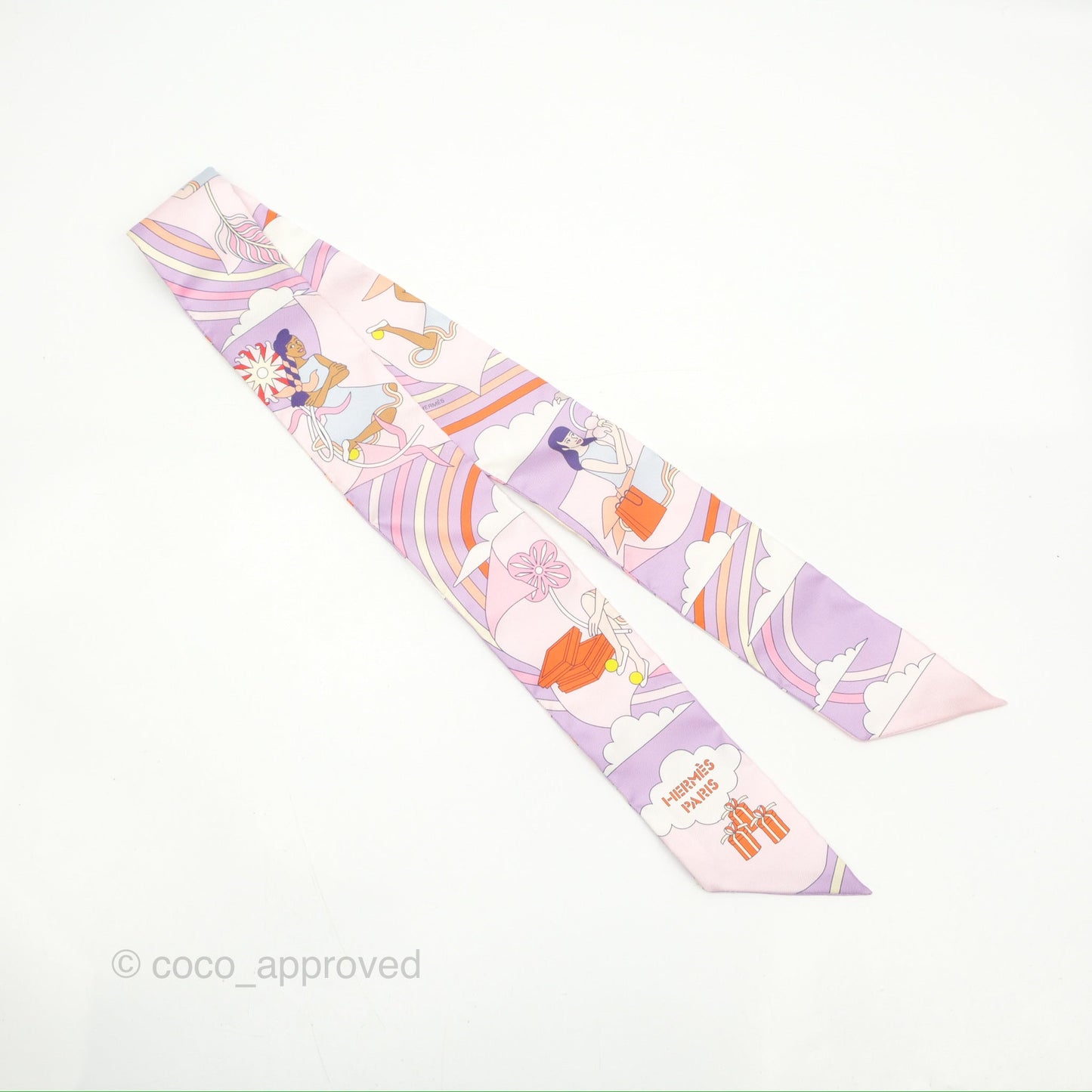 Hermes Silk Carres Volants Twilly Lilas/Rose Pâle/ Orange