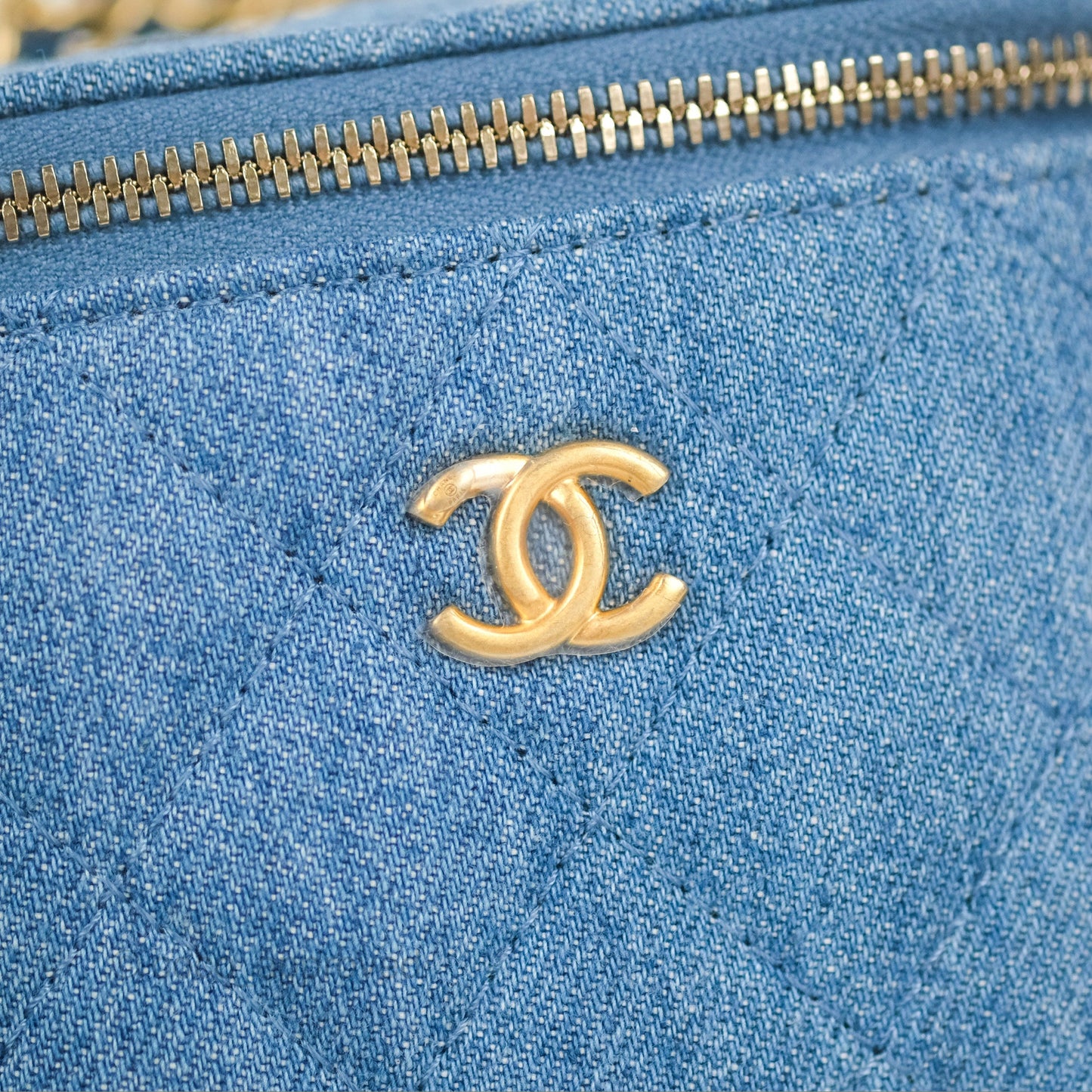 Chanel Mini Pearl Crush Vanity With Chain Denim Aged Gold Hardware