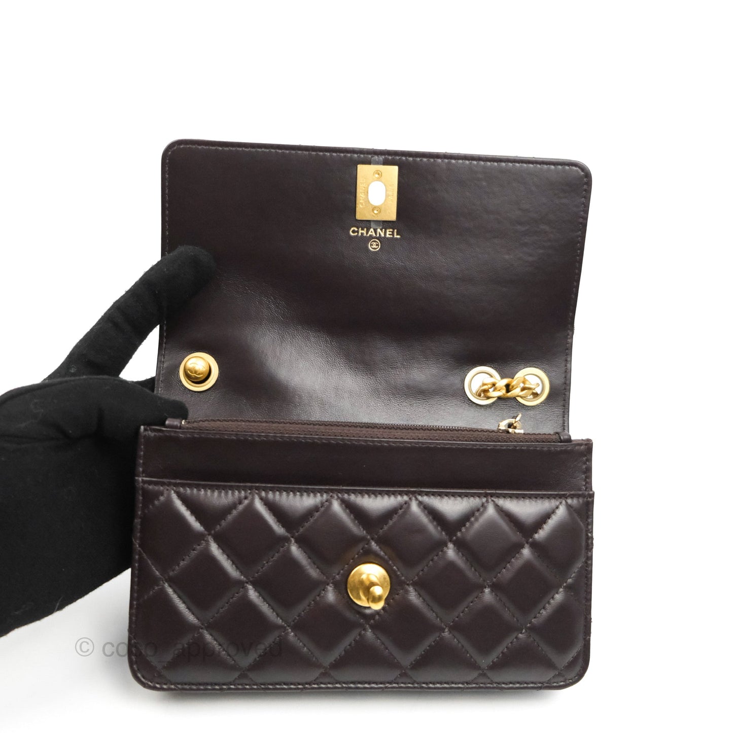Chanel Quilted Wallet on Chain WOC Adjustable Chain Brown Lambskin Aged Gold Hardware 22K