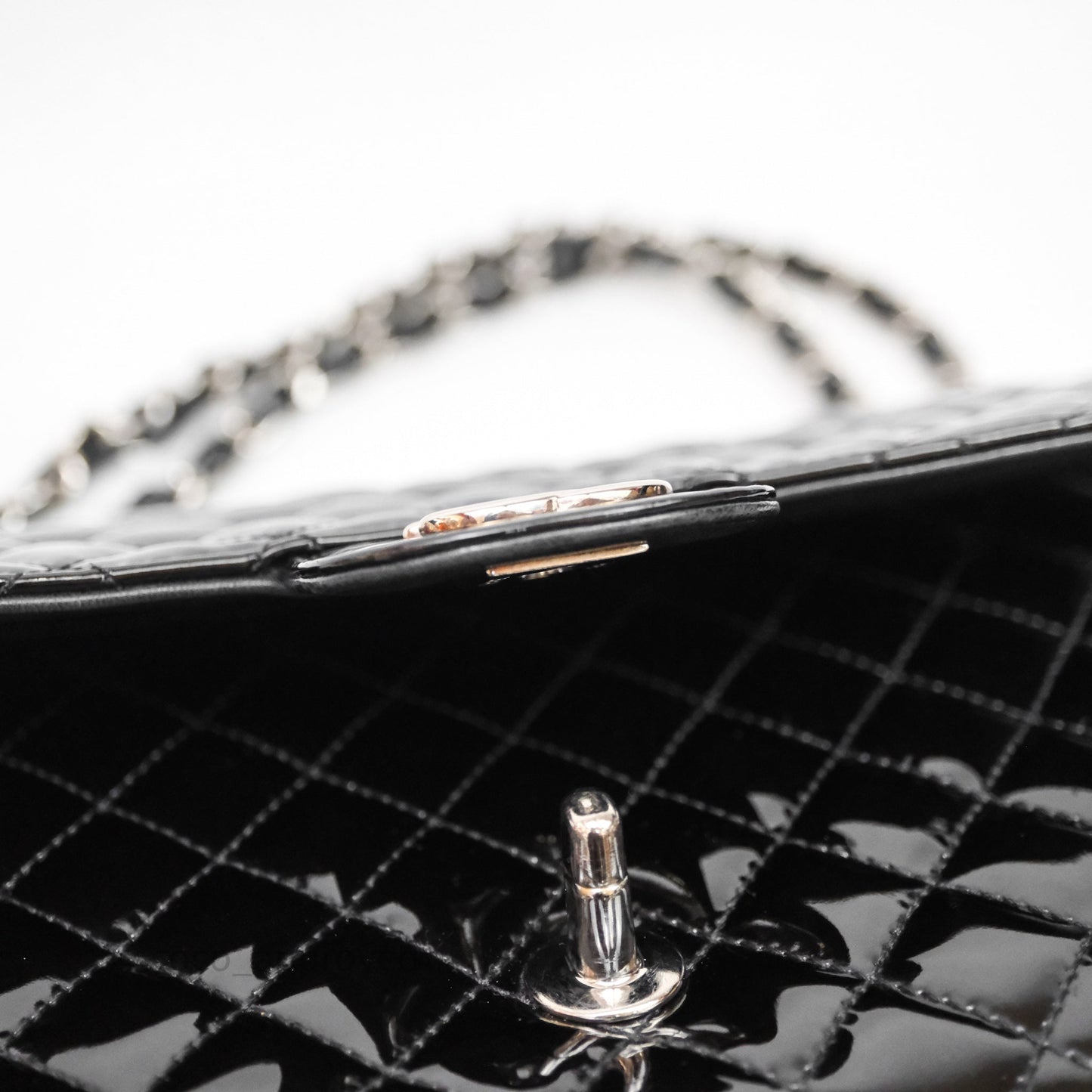 Chanel Quilted Medium Flap Black Patent Silver Hardware