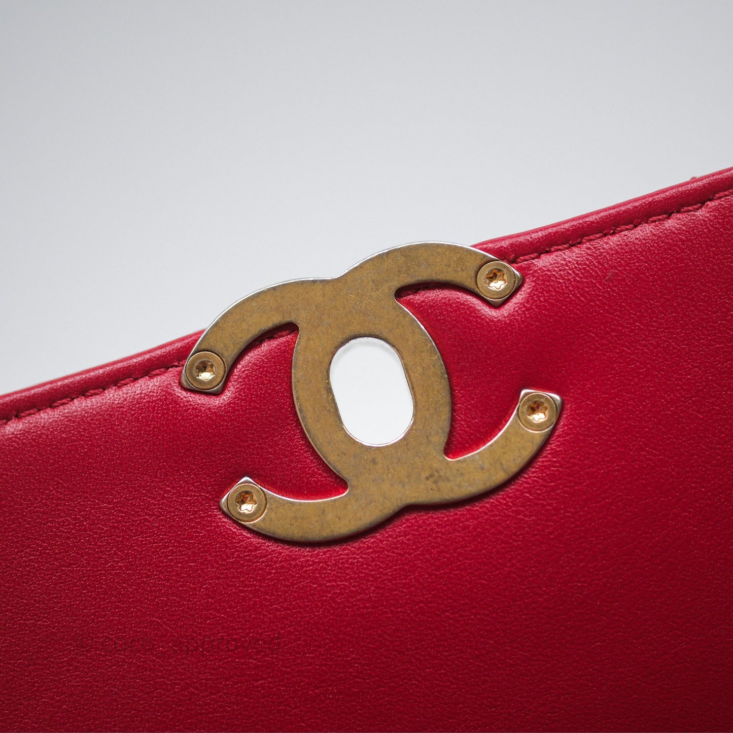 Chanel Quilted Flap Bag  with Pearl Logo Top Handle Red Lambskin Aged Gold Hardware