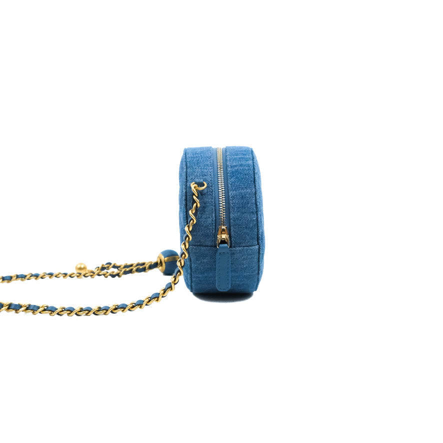 Chanel Quilted Pearl Crush Round Clutch With Chain Denim Aged Gold Hardware
