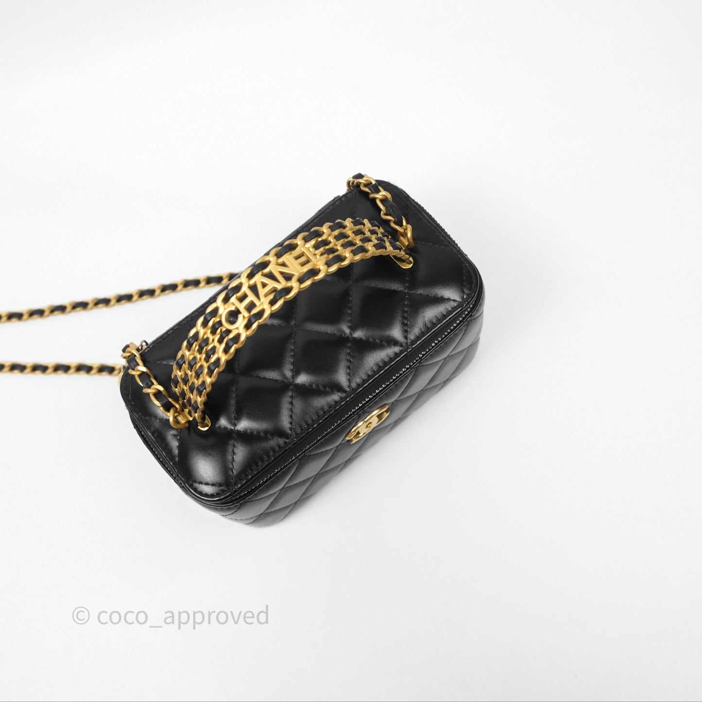 Chanel Vanity Rectangular with Top Handle Black Lambskin Aged Gold Hardware