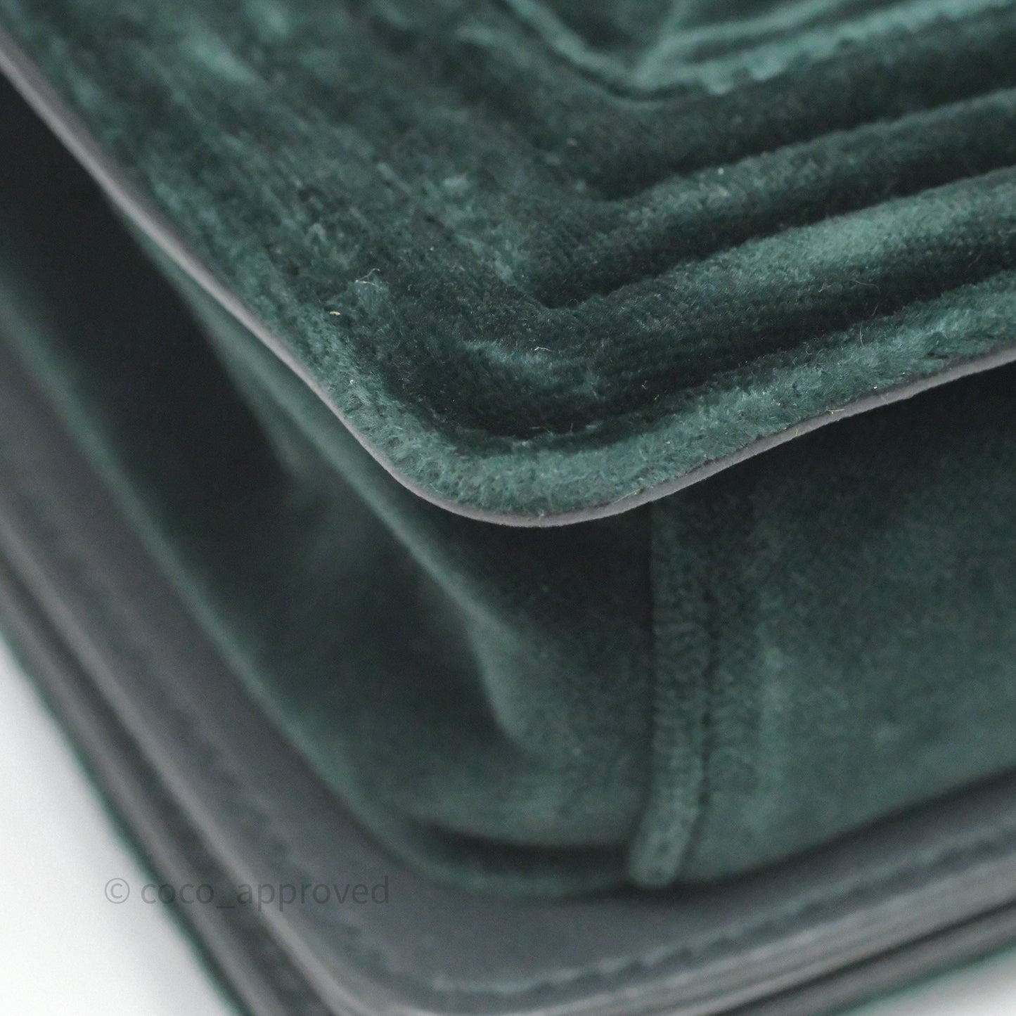 Chanel Small Boy Quilted Dark Green Velvet Ruthenium Hardware