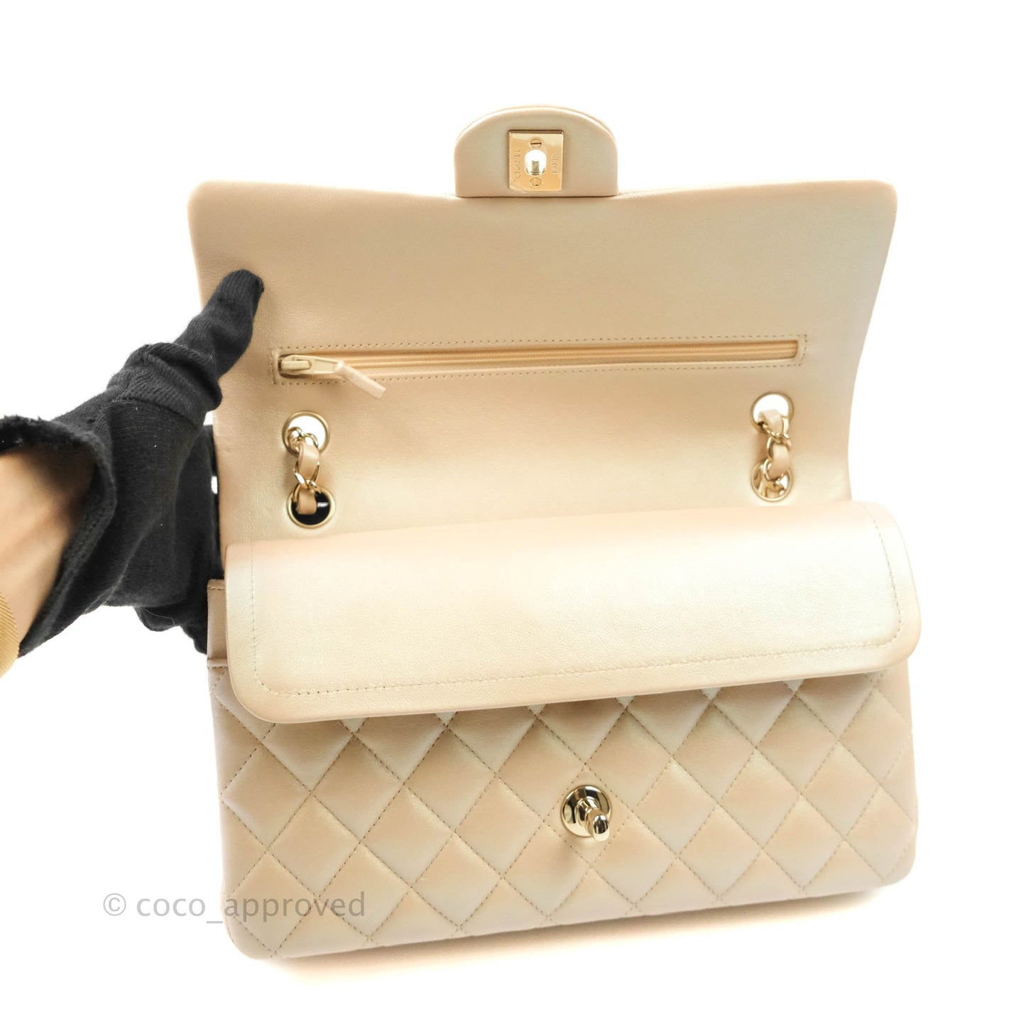Chanel Classic M/L Medium Double Flap Iridescent Beige Calfskin Gold Hardware 21S
