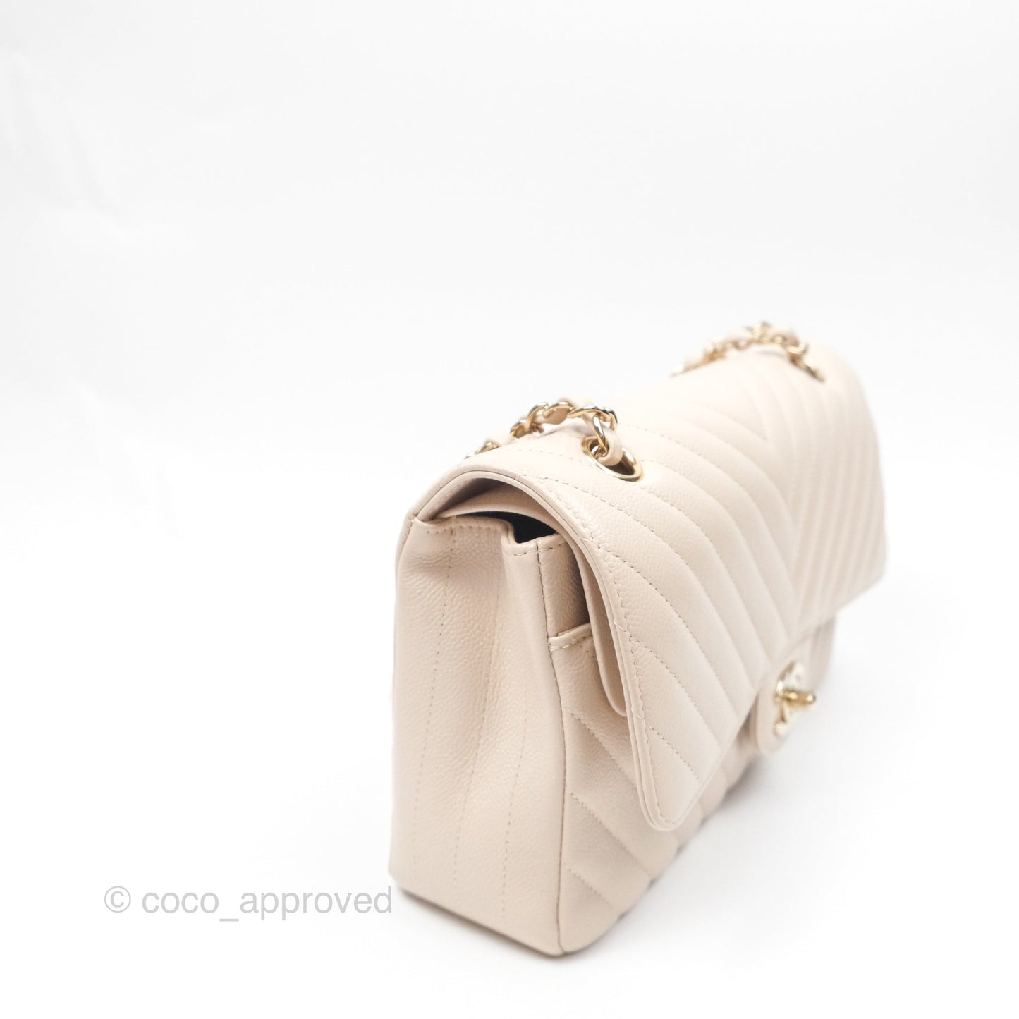 Chanel Classic M/L Medium Double Flap Chevron Light Beige Caviar Gold Hardware 20B