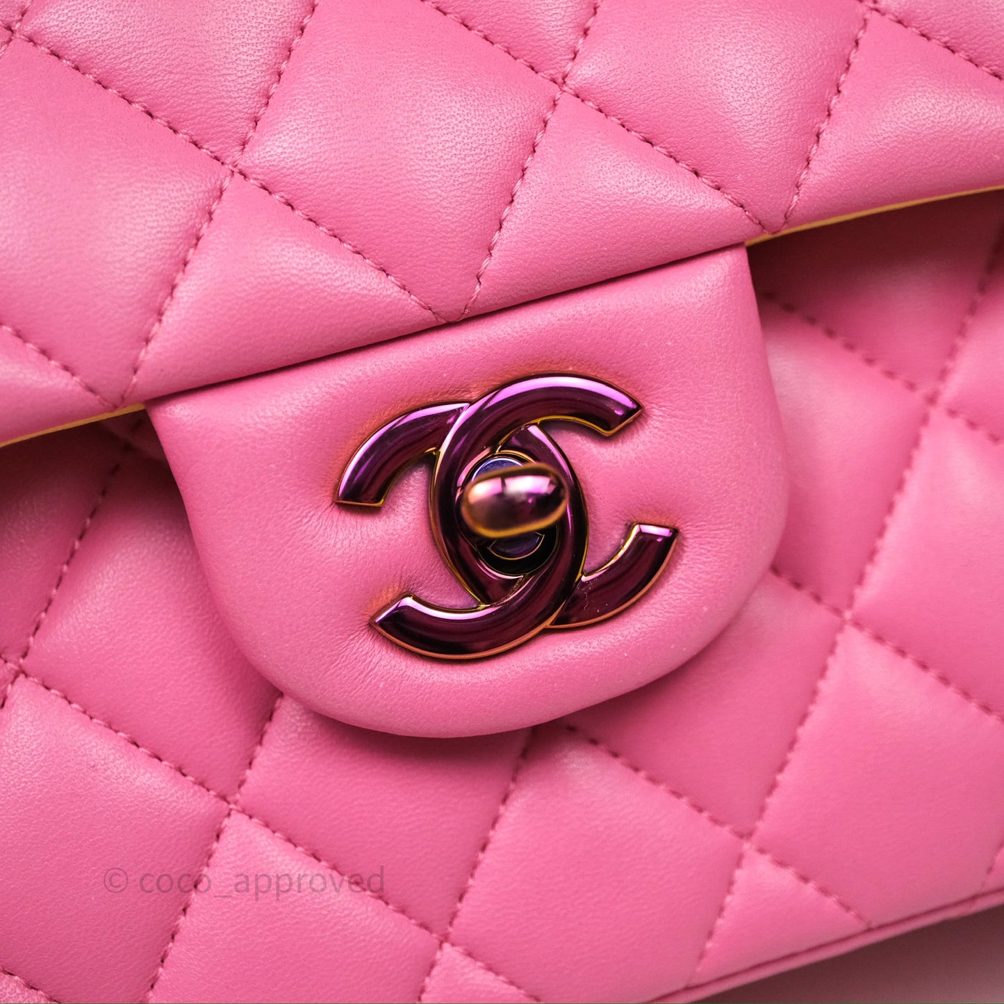 Chanel Small Classic Flap Quilted Pink Lambskin Rainbow Hardware