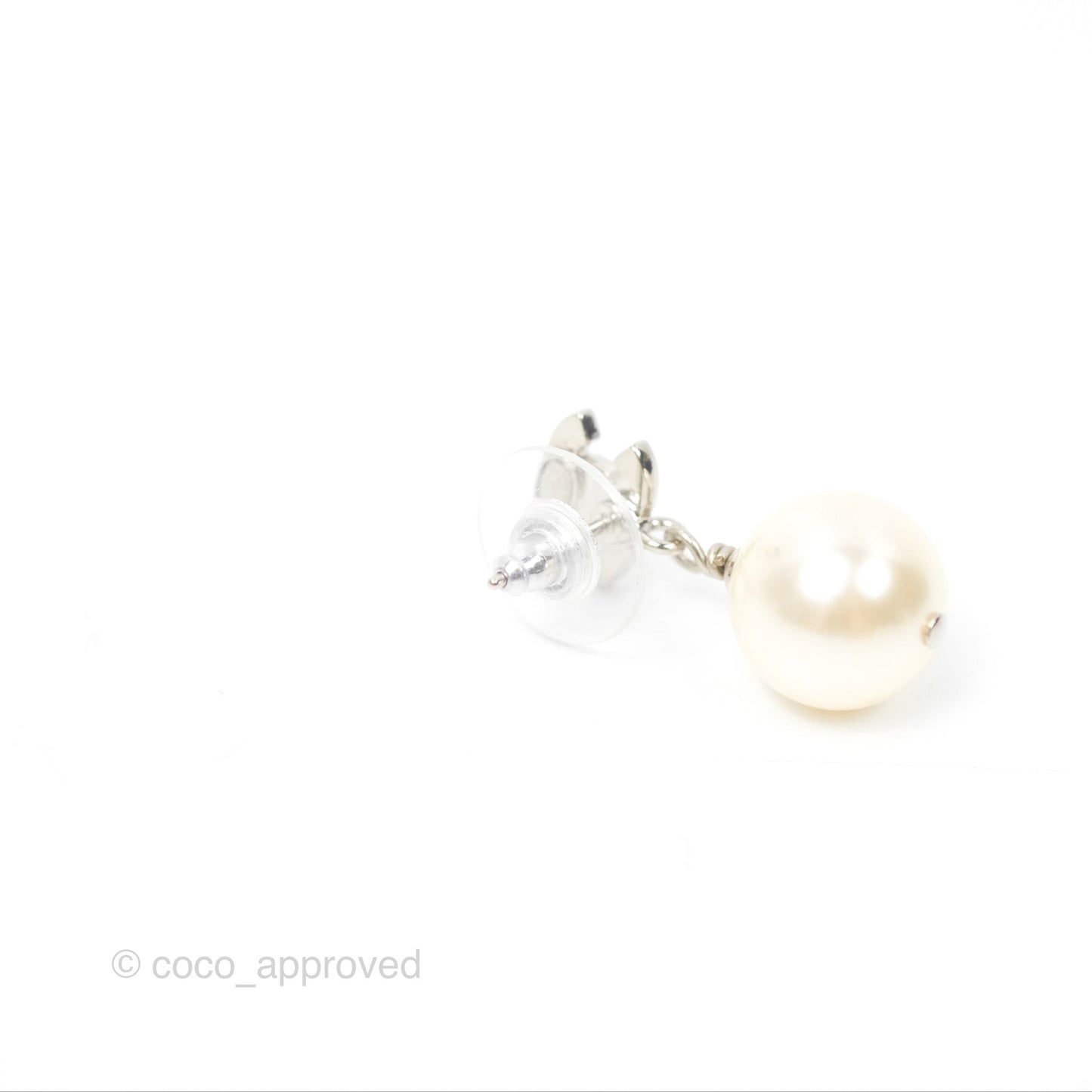 Chanel CC Rhinestone Pearl Drop Earrings Silver Tone