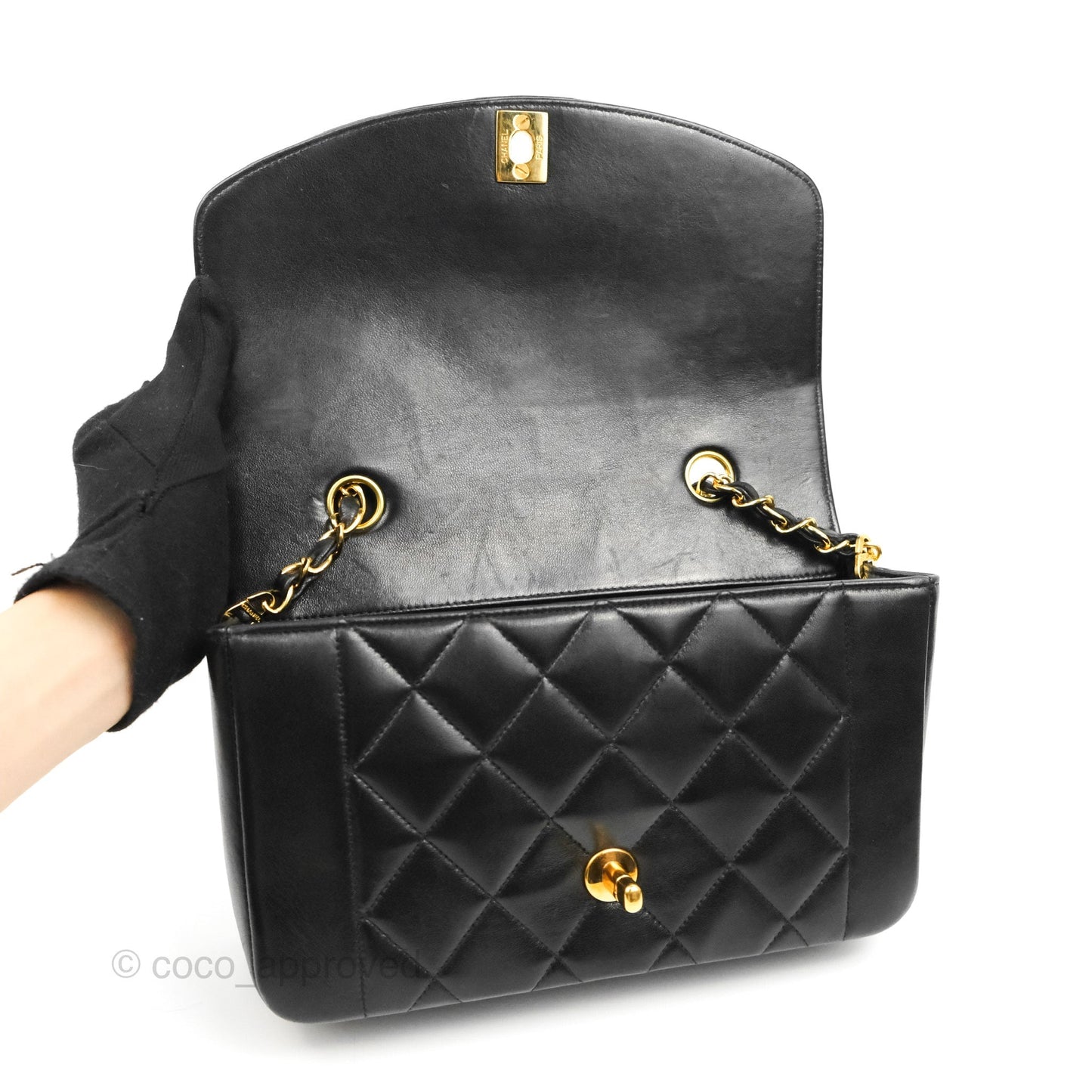 Chanel Small Vintage Quilted Classic Diana Flap Bag Black Lambskin 24K Gold Hardware