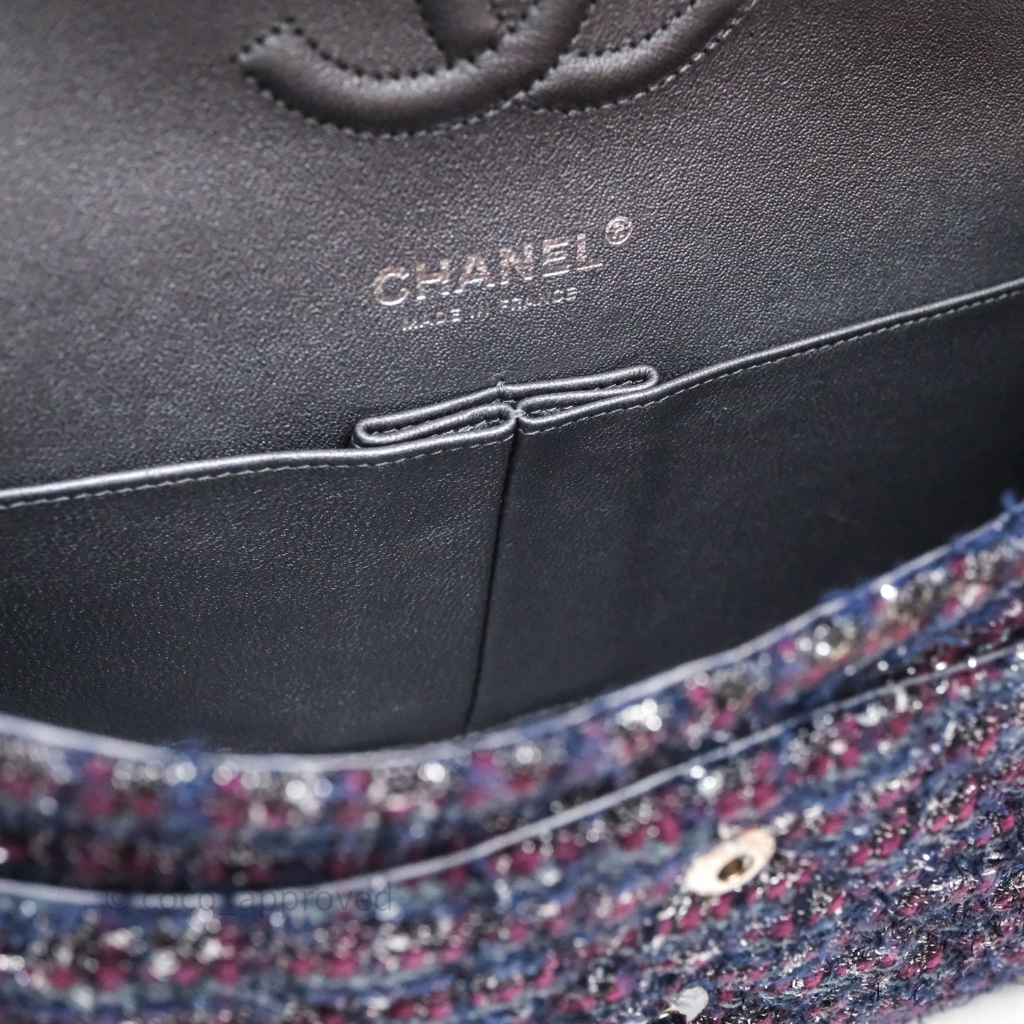 Chanel Classic M/L Medium Double Flap Purple Tweed Glitter Gun Metal