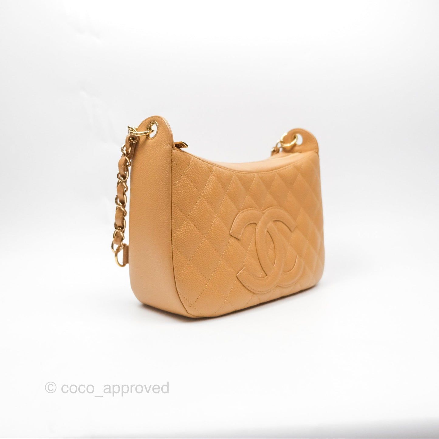 Chanel Vintage CC Quilted Hobo Shoulder Bag Beige Caviar Gold Hardware