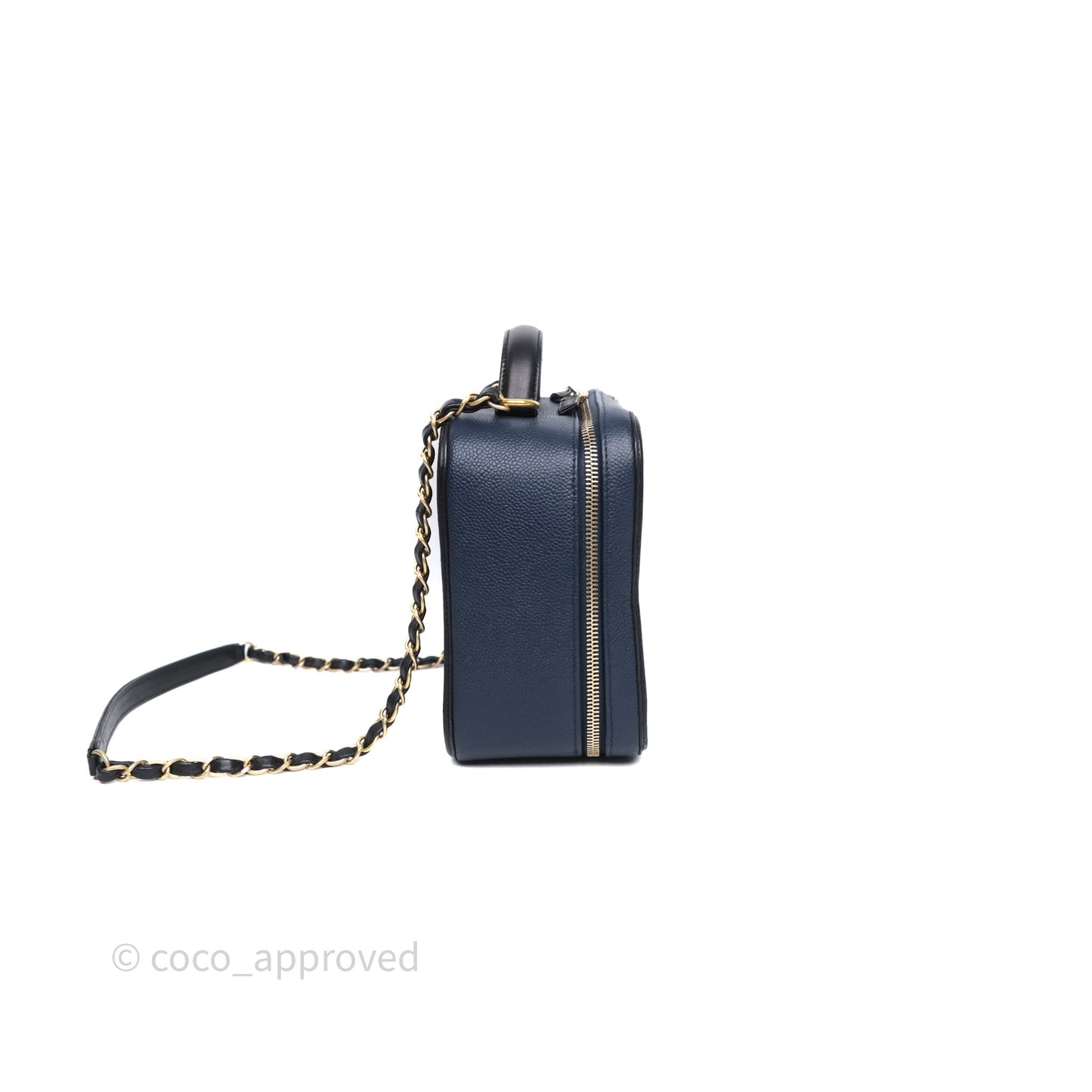 Chanel Quilted Large CC Filigree Vanity Case Navy Black Caviar Aged Gold Hardware