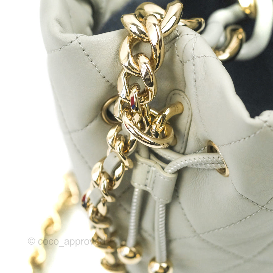 Chanel Quilted Drawstring Bucket Bag Grey Lambskin Gold Hardware 22C