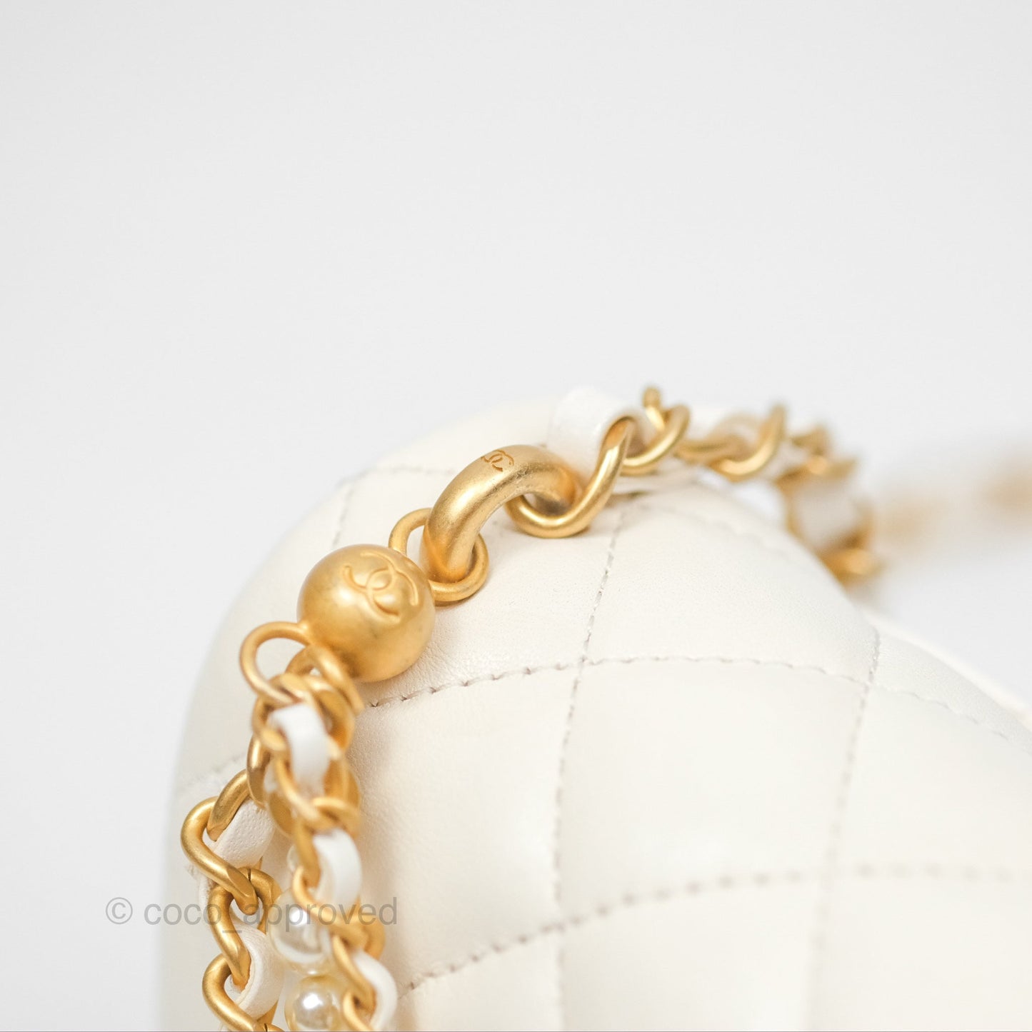 Chanel Pearl Chain Mini Flap Bag White Lambskin Aged Gold Hardware 24P