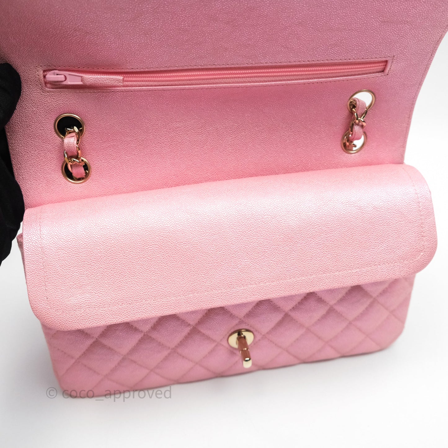 Chanel Quilted Classic M/L Medium Flap Iridescent Pink Caviar Gold Hardware 19S