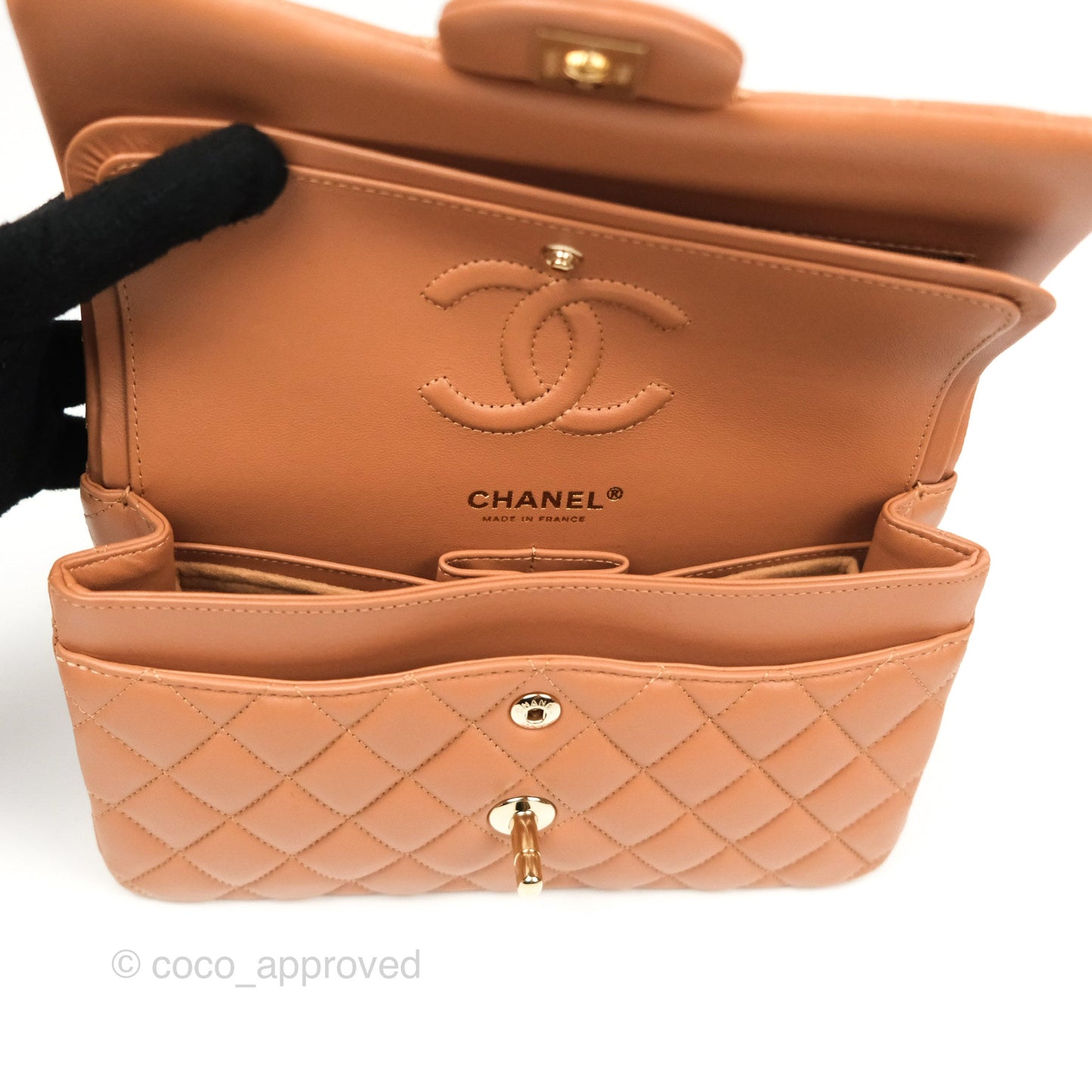 Chanel Small Classic Quilted Flap Dark Beige Caramel Lambskin Gold Hardware