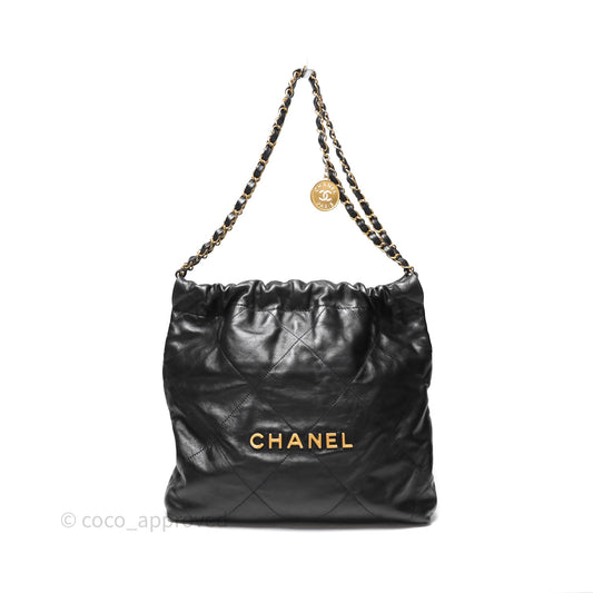 Chanel 22 Small Black Shiny Calfskin Aged Gold Hardware
