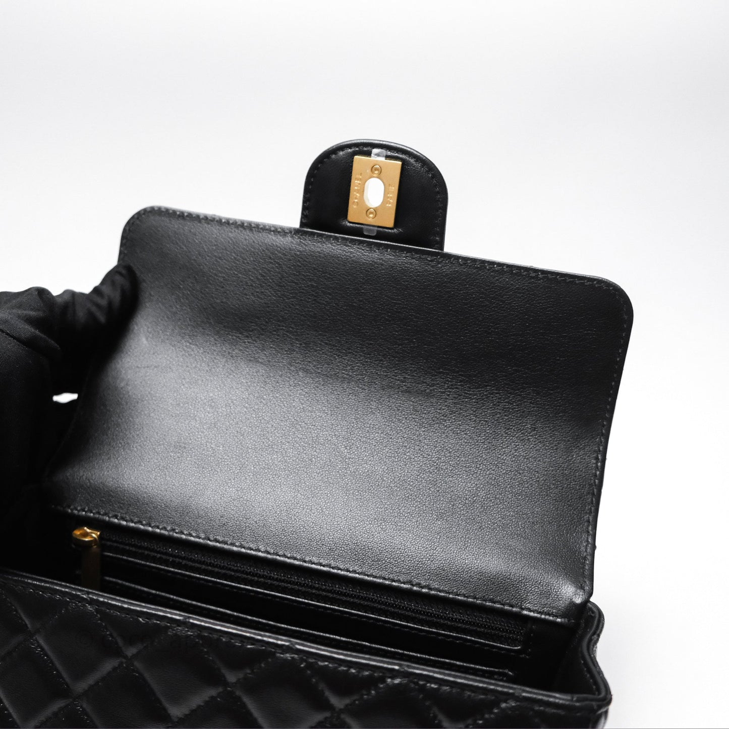 Chanel Flap Bag with Crystal Logo Top Handle Black Lambskin Aged Gold Hardware