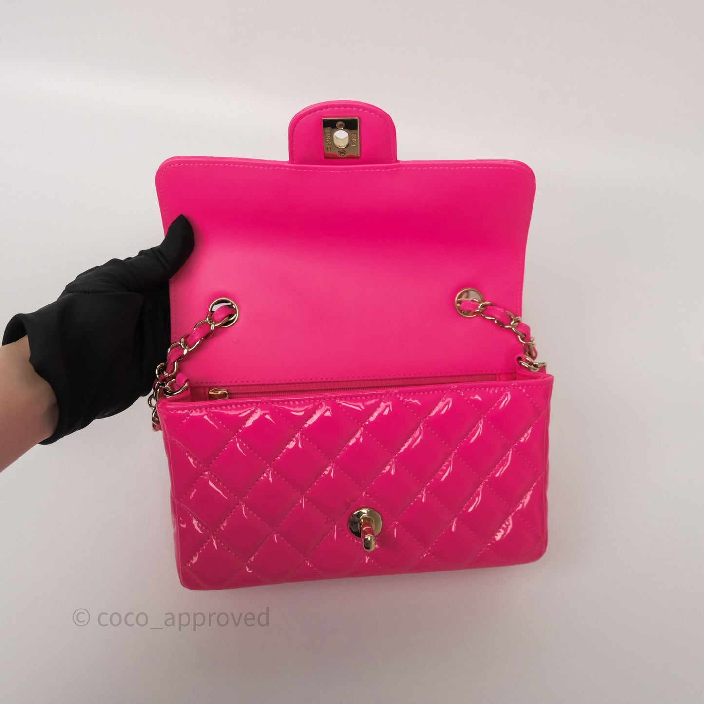 Chanel Quilted Mini Rectangular Flap Neo Pink Patent Gold Hardware