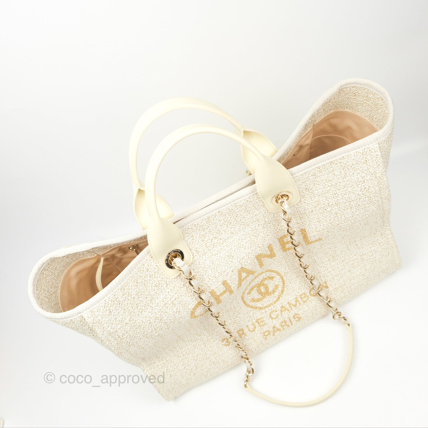 Chanel Large Deauville Ivory/Gold Canvas Gold Hardware