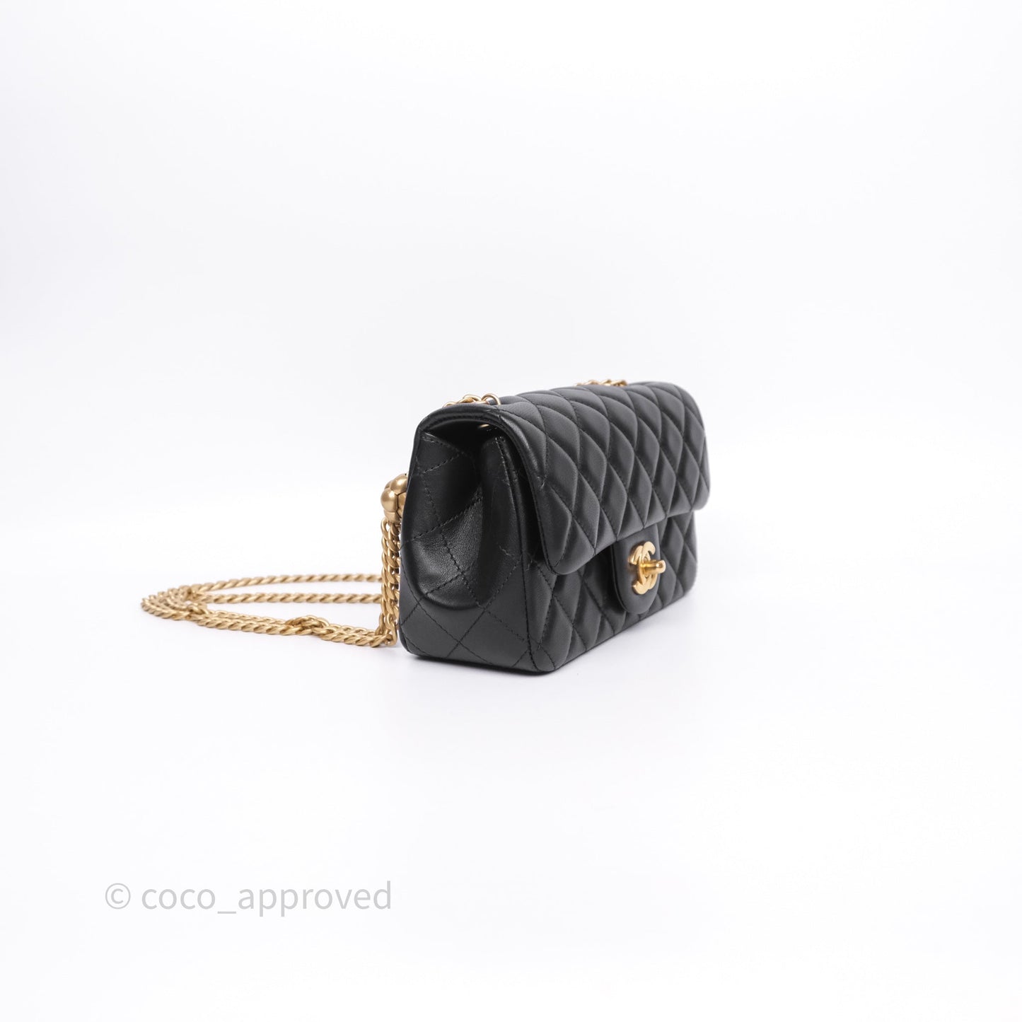 Chanel Mini Rectangular Flap with Camellia Adjustable Chain Black Lambskin Aged Gold Hardware