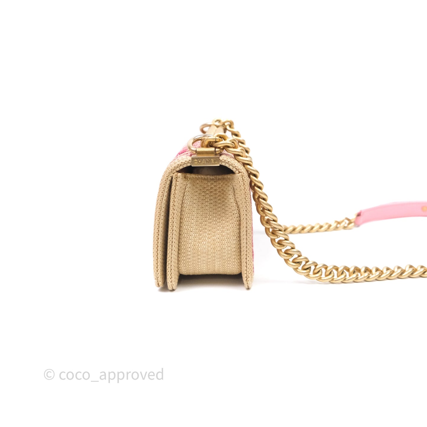 Chanel Small Boy Chevron Raffia Metallic Pink Aged Gold Hardware