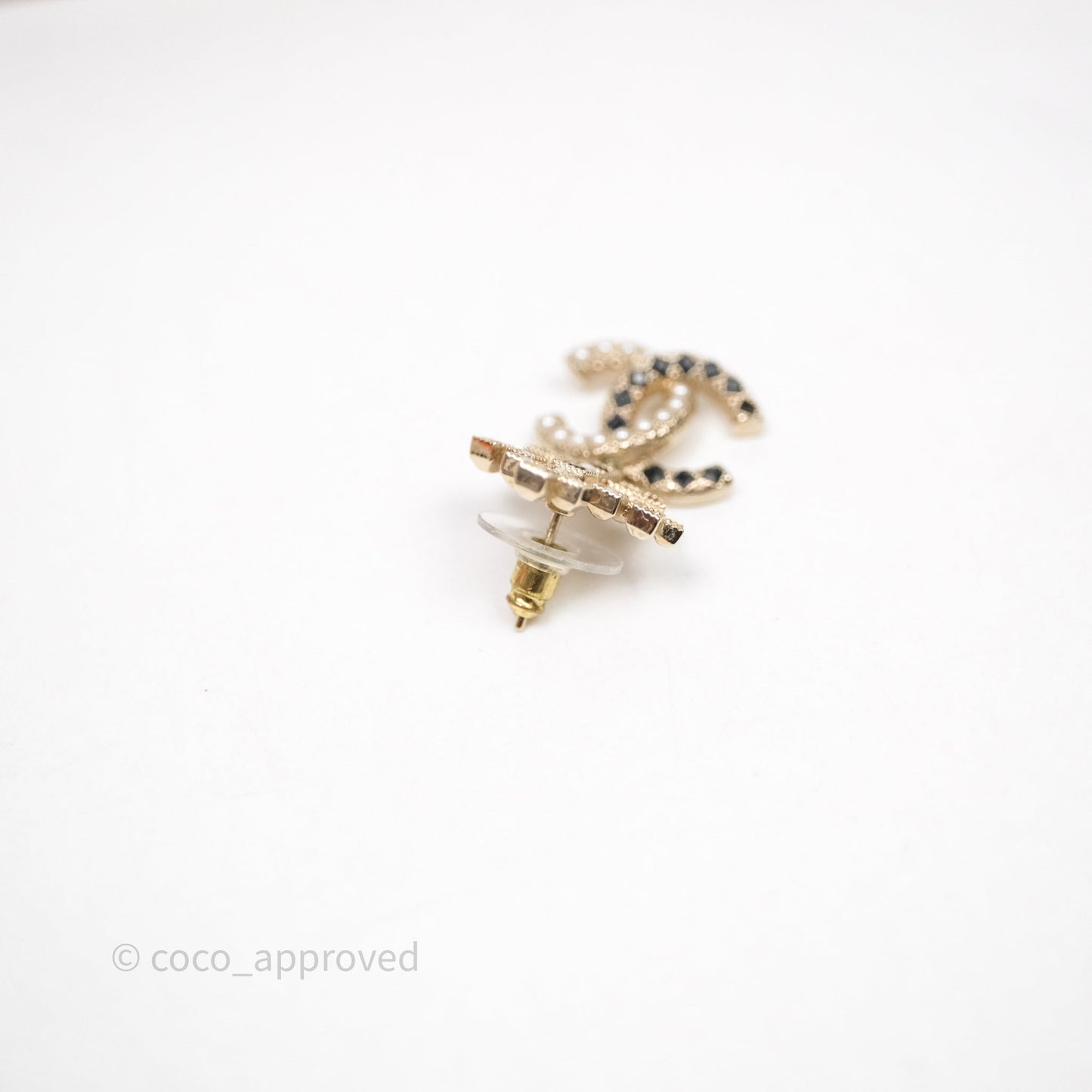 Chanel Black Resin Pearl Crown CC Drop Earrings Gold Tone 21A