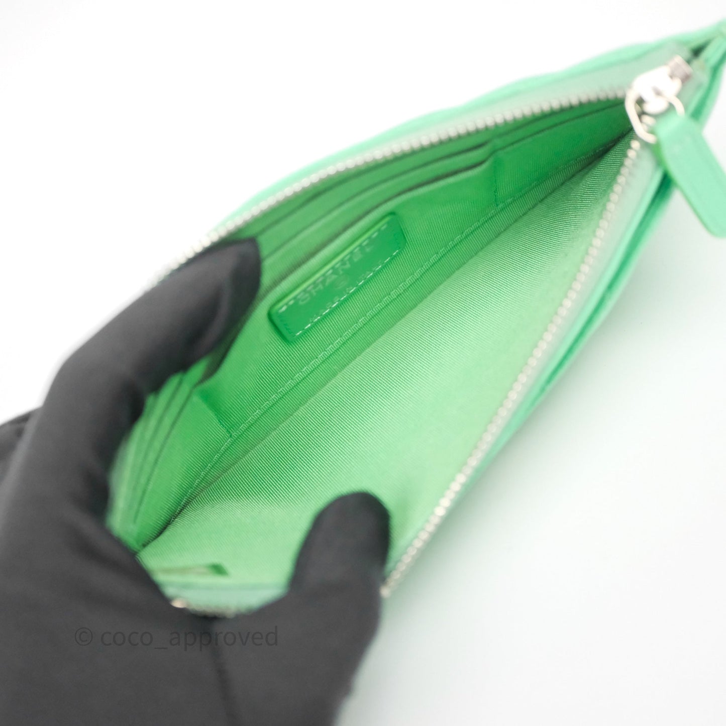 Chanel Long Zip Chevron Green Wallet Silver Hardware