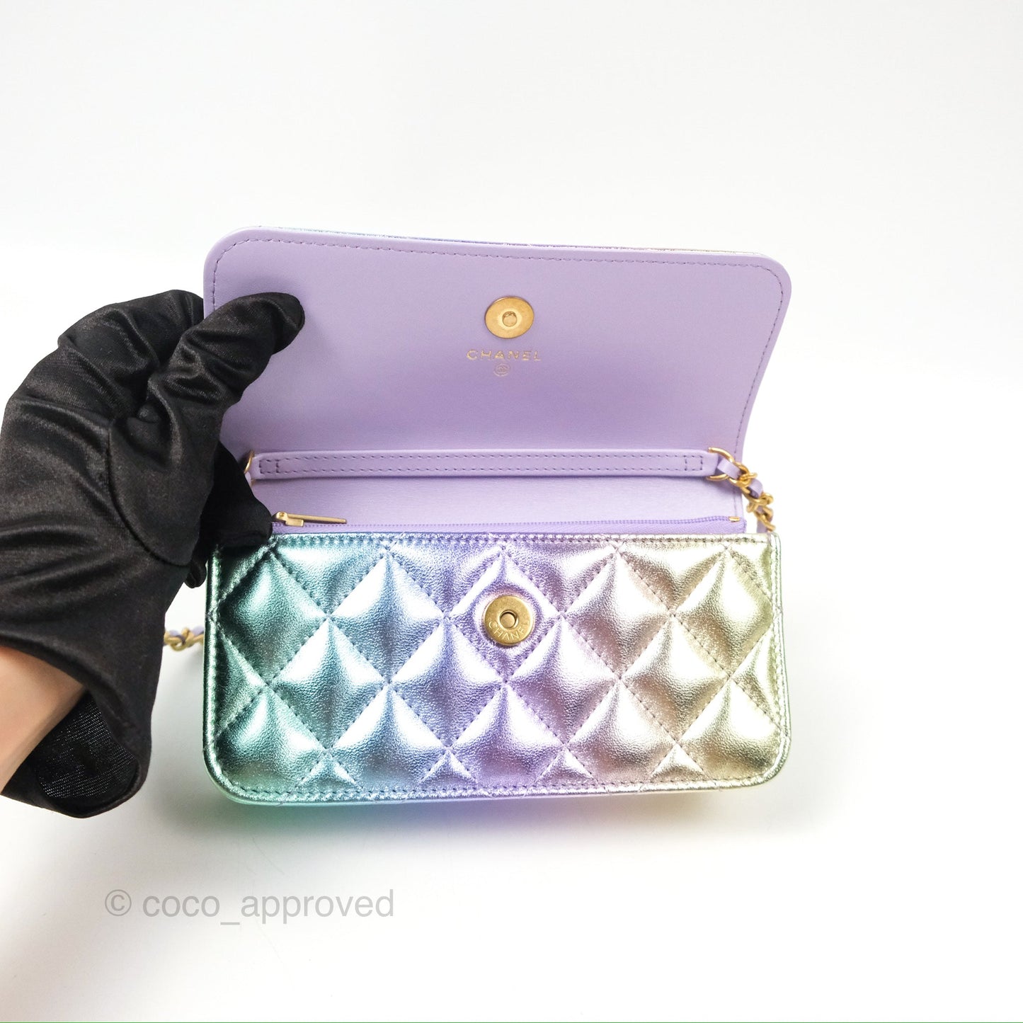 Chanel Mini WOC Phone Holder Metallic Rainbow Lambskin 24C