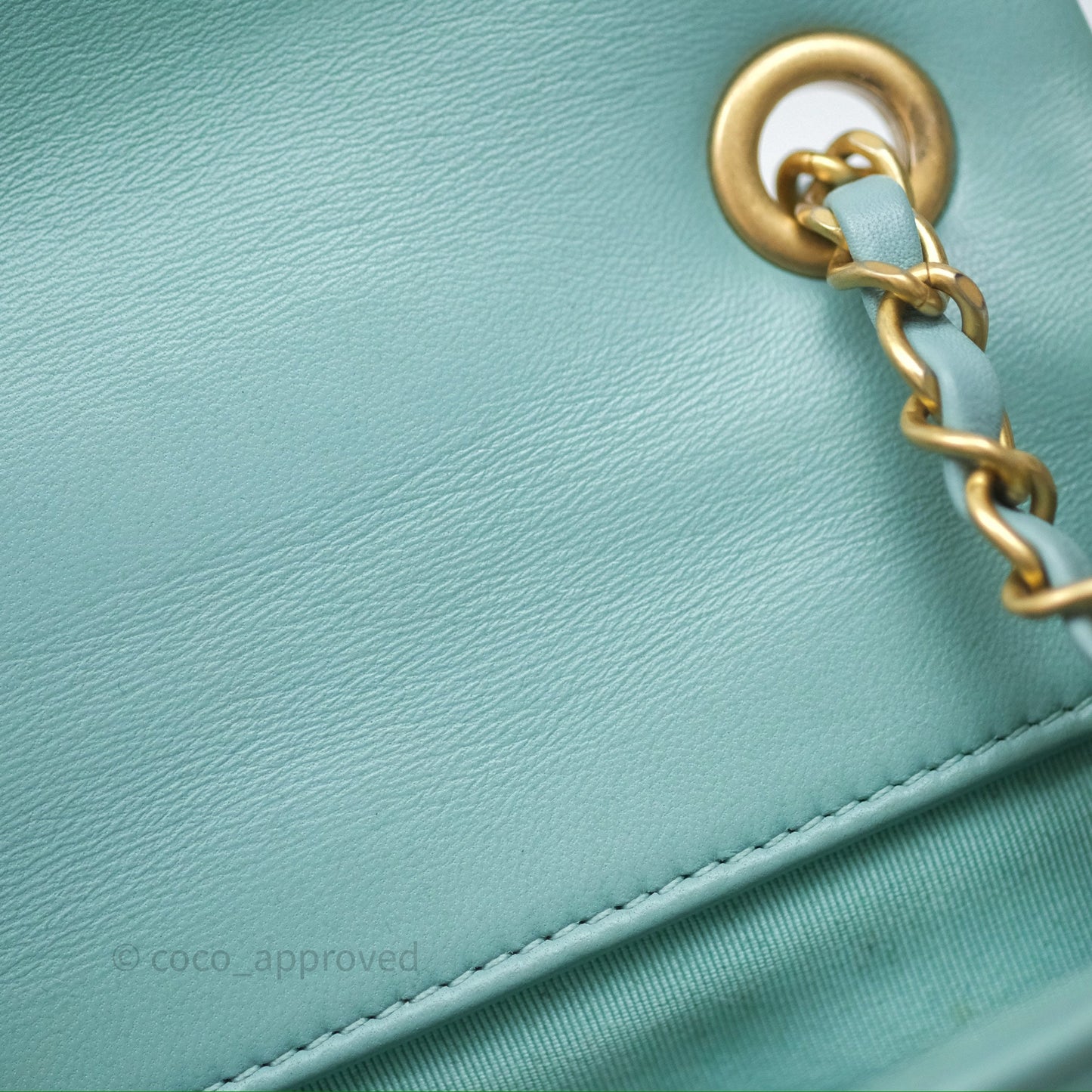 Chanel Quilted Small Circular Handle Bag Mint Green Aged Gold Hardware