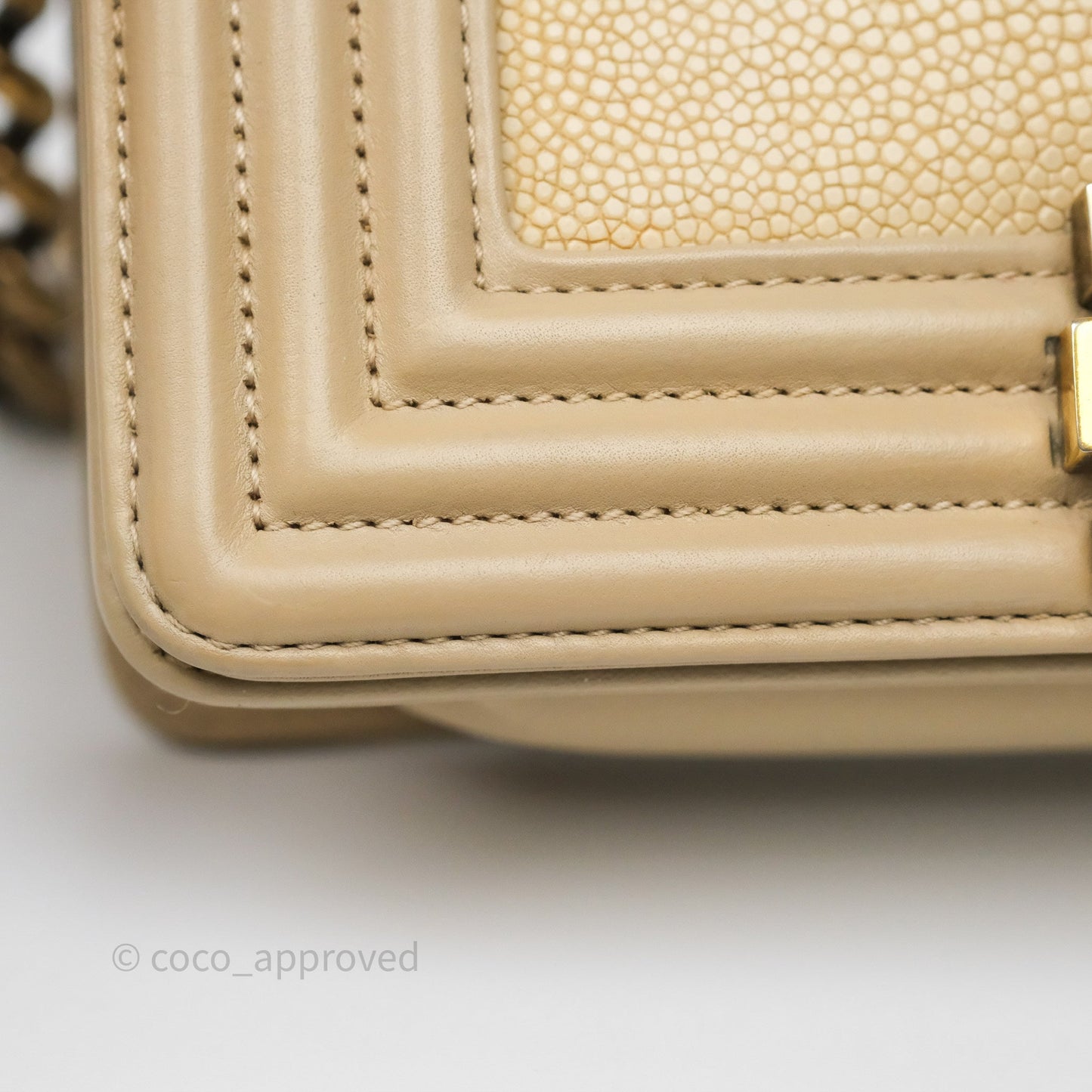 Chanel Small Boy Stingray Beige Antique Gold Hardware