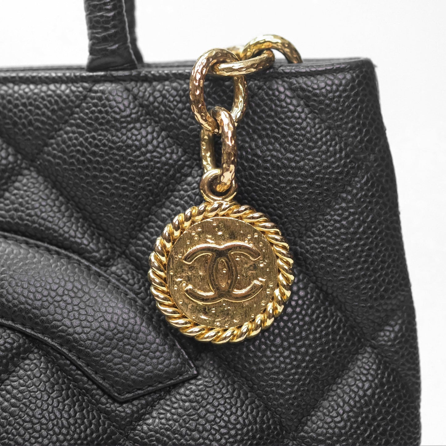 Chanel Vintage Medallion CC Black Caviar Tote Bag Gold Hardware