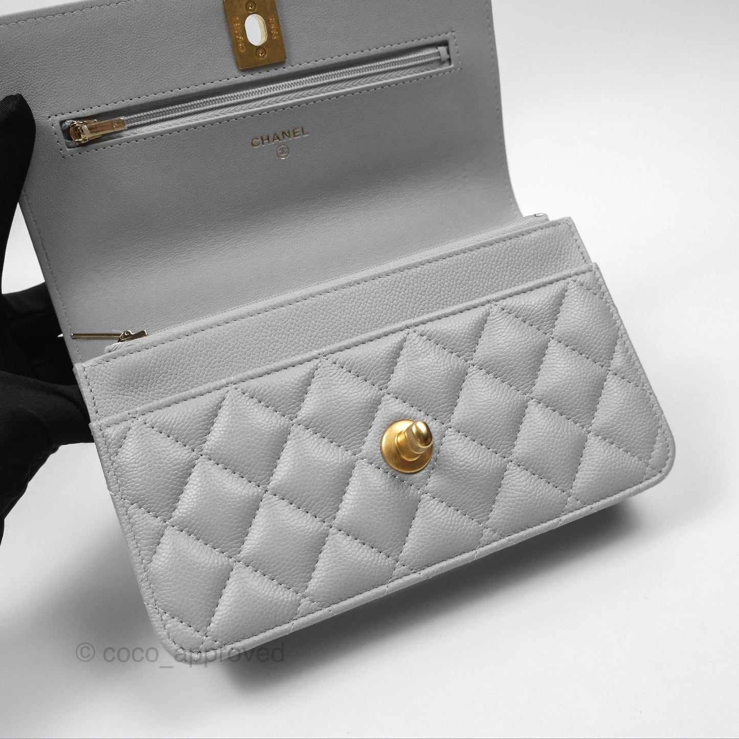 Chanel Heart Adjustable Chain WOC Grey Caviar Aged Gold Hardware