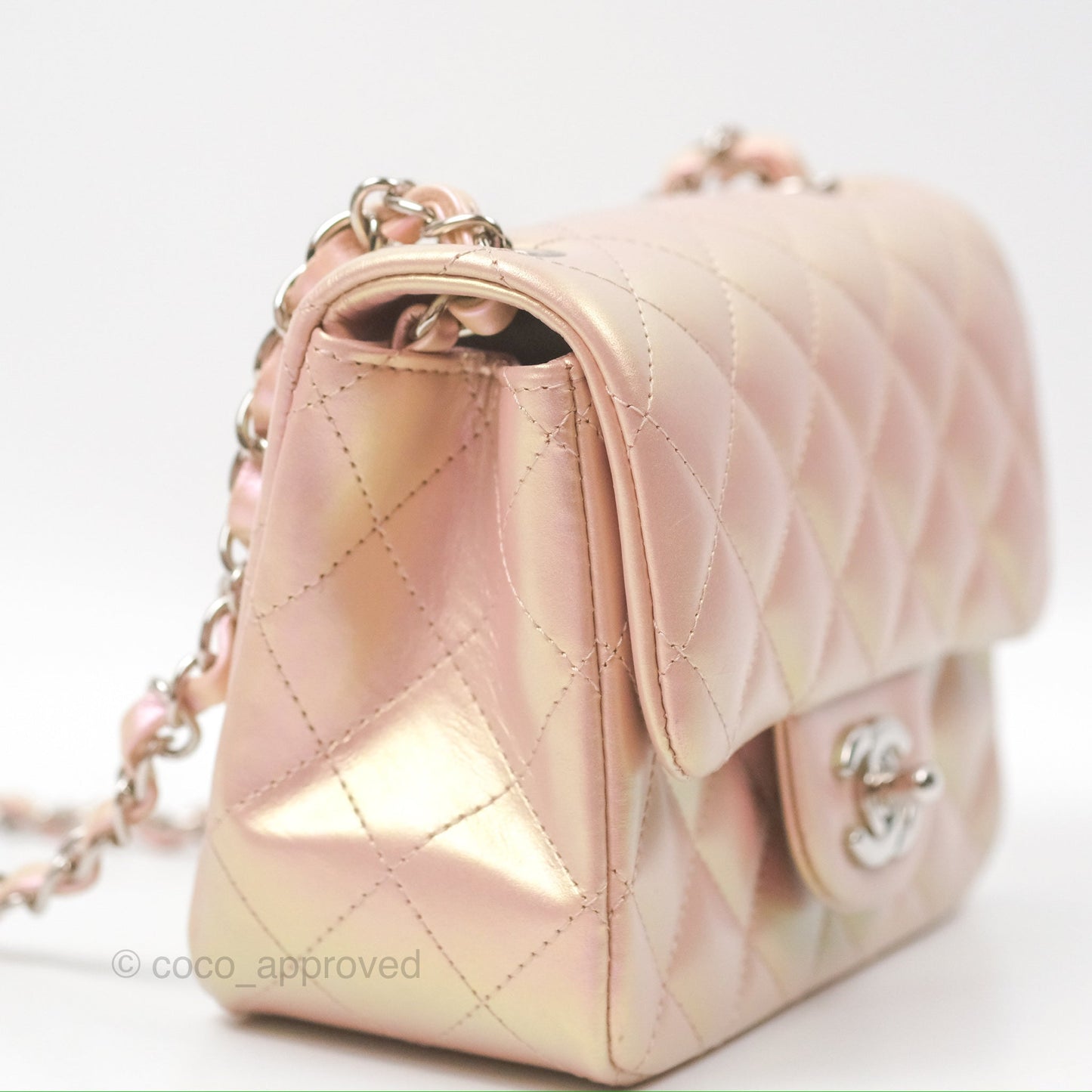 Chanel Mini Square Quilted Iridescent Pink Silver Hardware