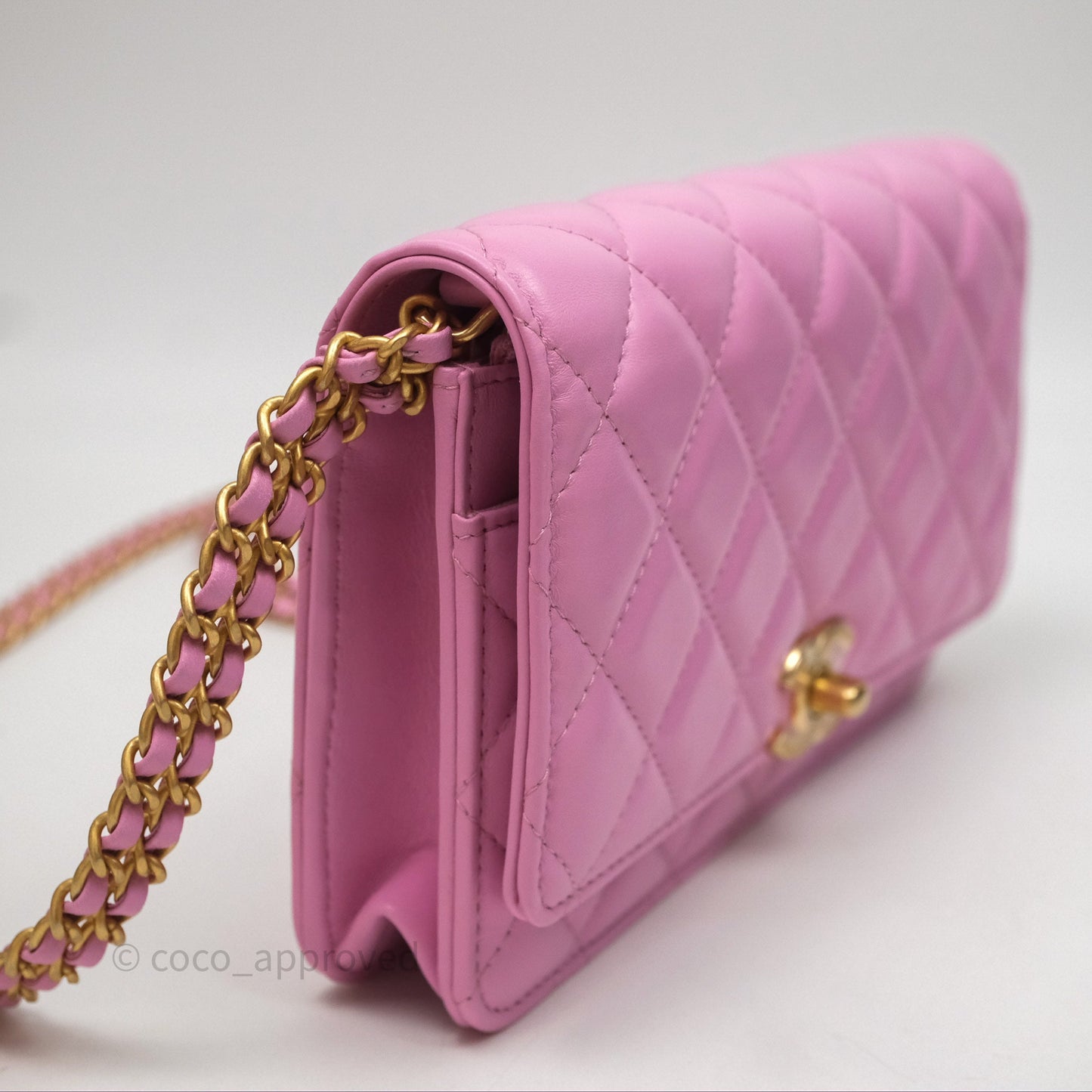 Chanel CC Chain Wallet On Chain WOC Pink Lambskin Aged Gold Hardware