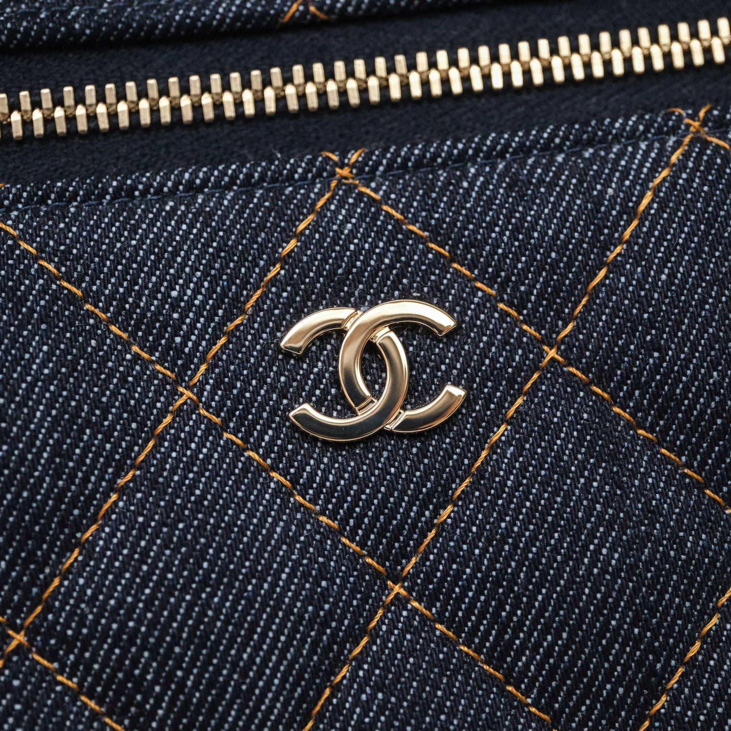 Chanel Top Handle Long Vanity with Chain Dark Blue Denim Gold Hardware